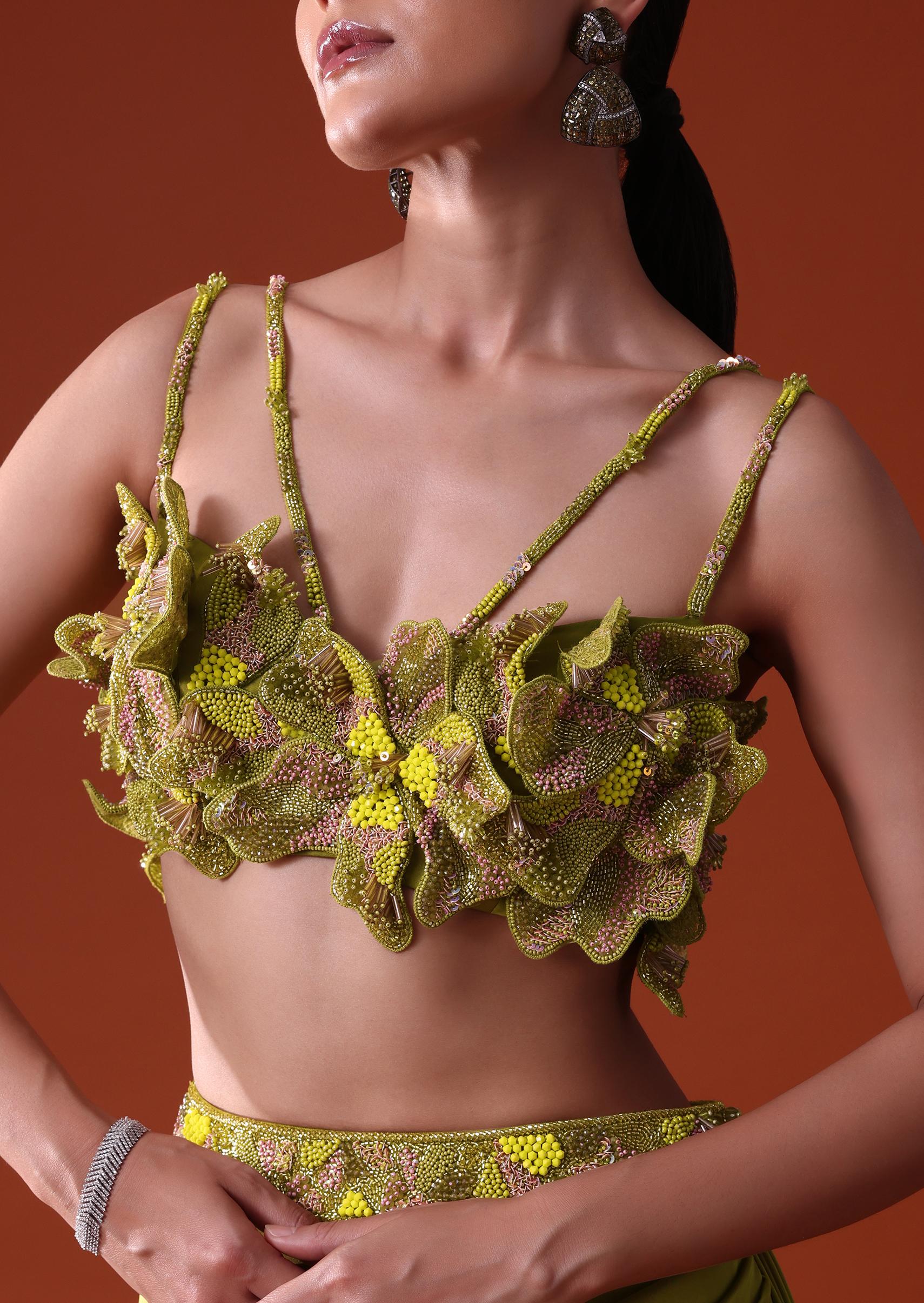 Lime Green Zardosi Draped Slit Skirt With 3D Multi Strap Blouse - Image 4