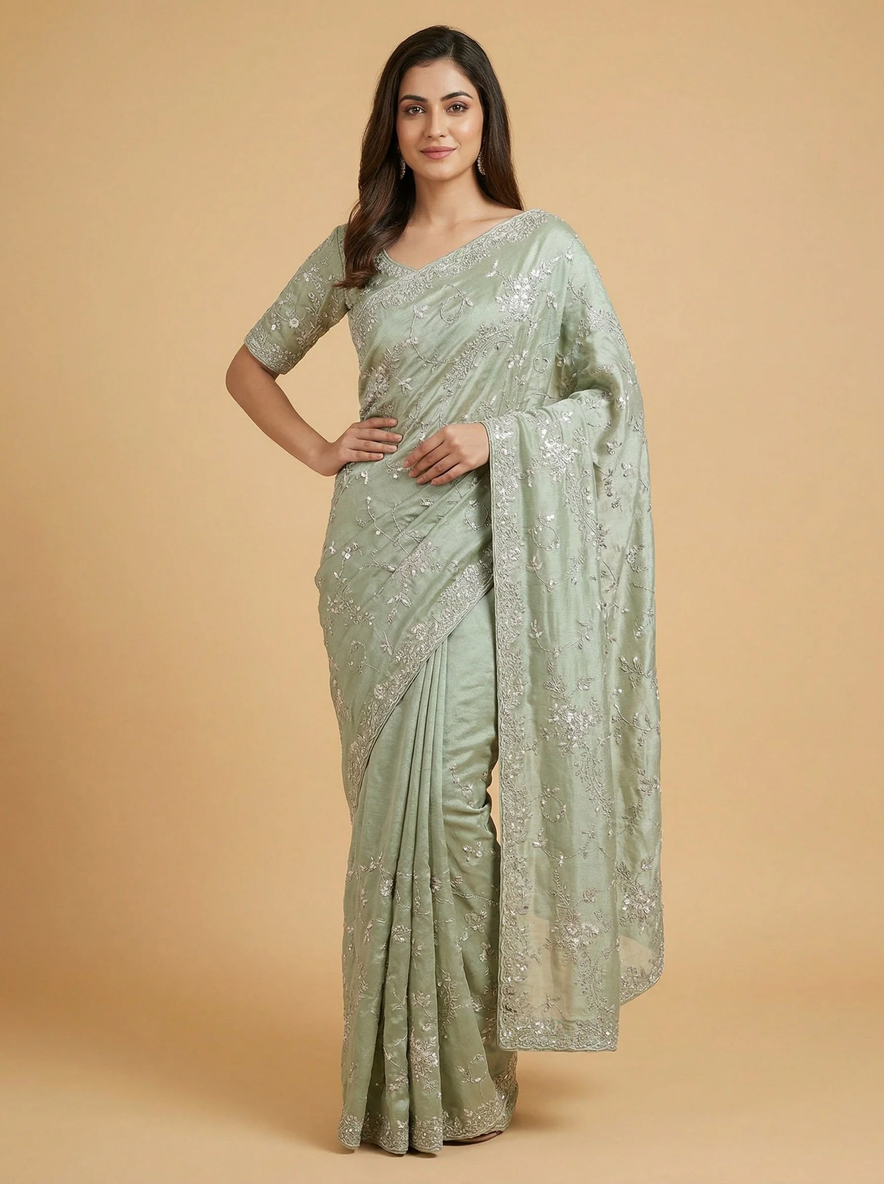 Lime Light Green Embroidered Saree