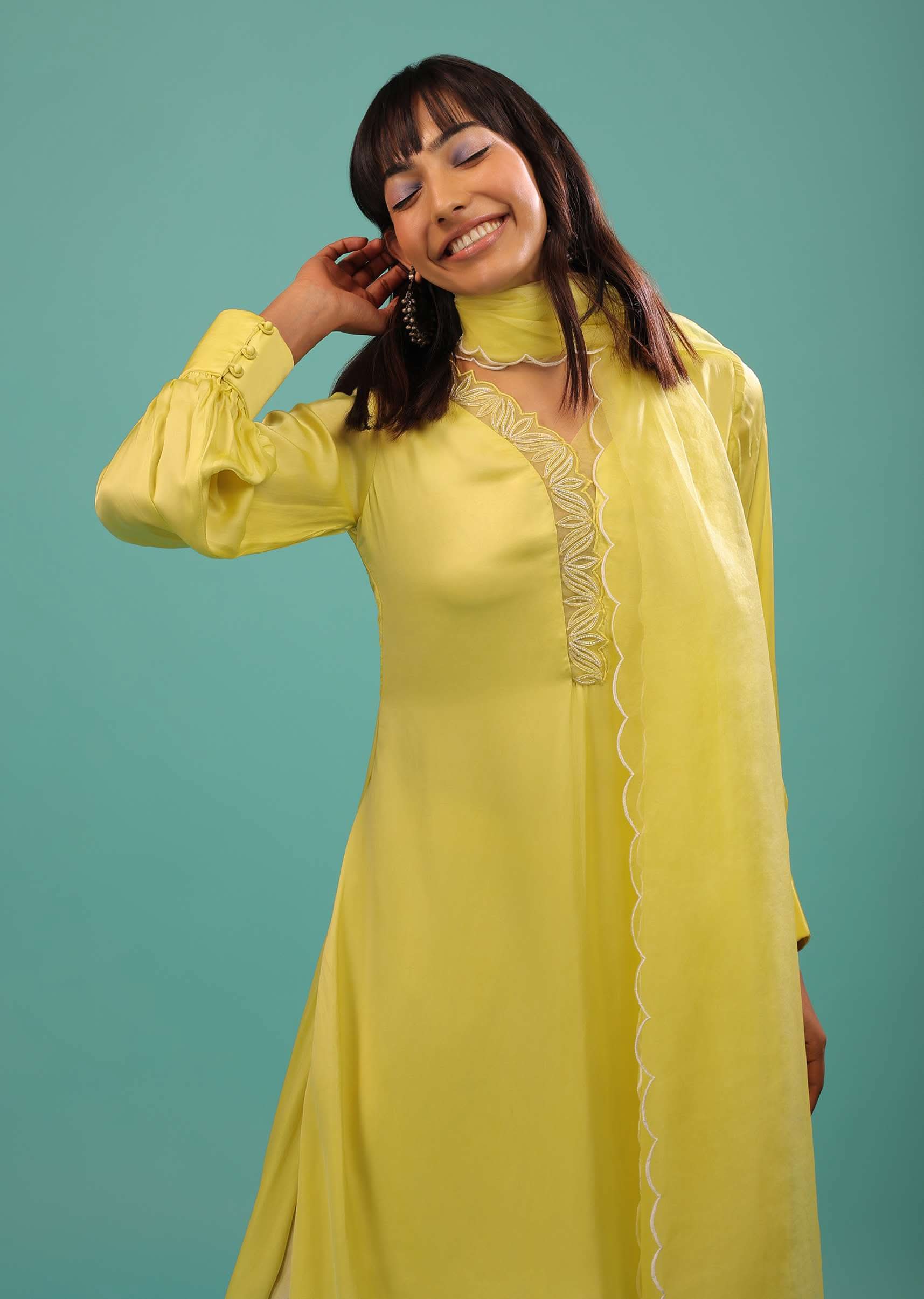 Lime Yellow Bemberg Silk A Line Suit In Organza - Image 4