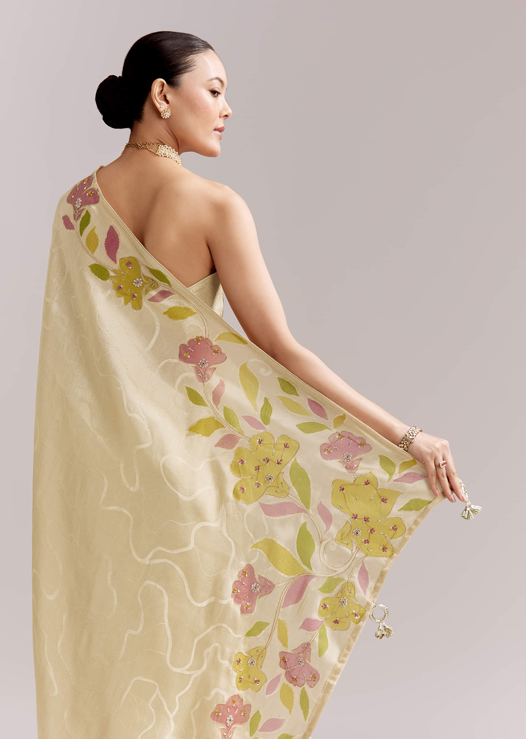 Lime Yellow Satin Saree With Digital Florals And Hand Embroidery - Image 6