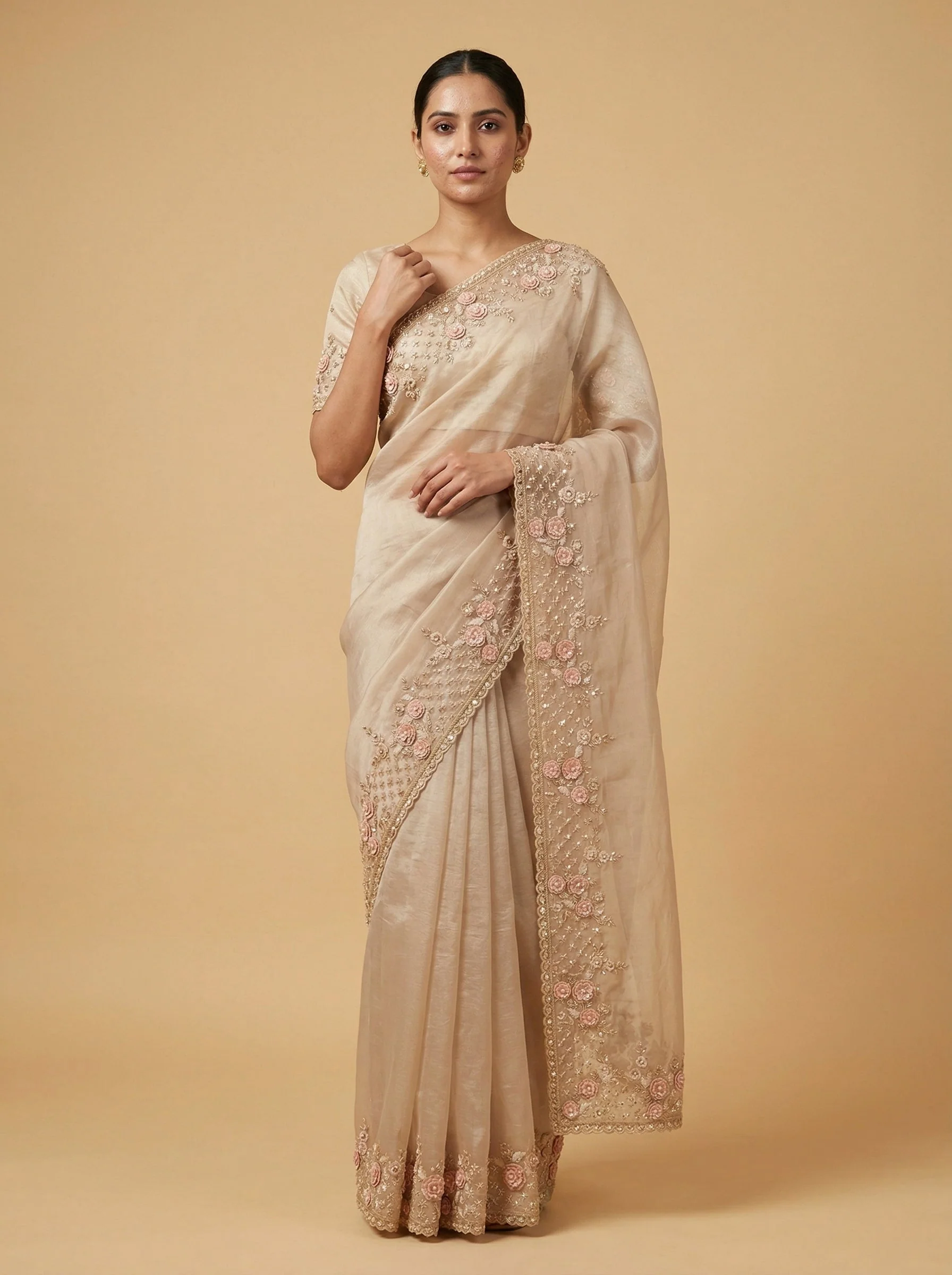 Linen Beige Embroidered Saree