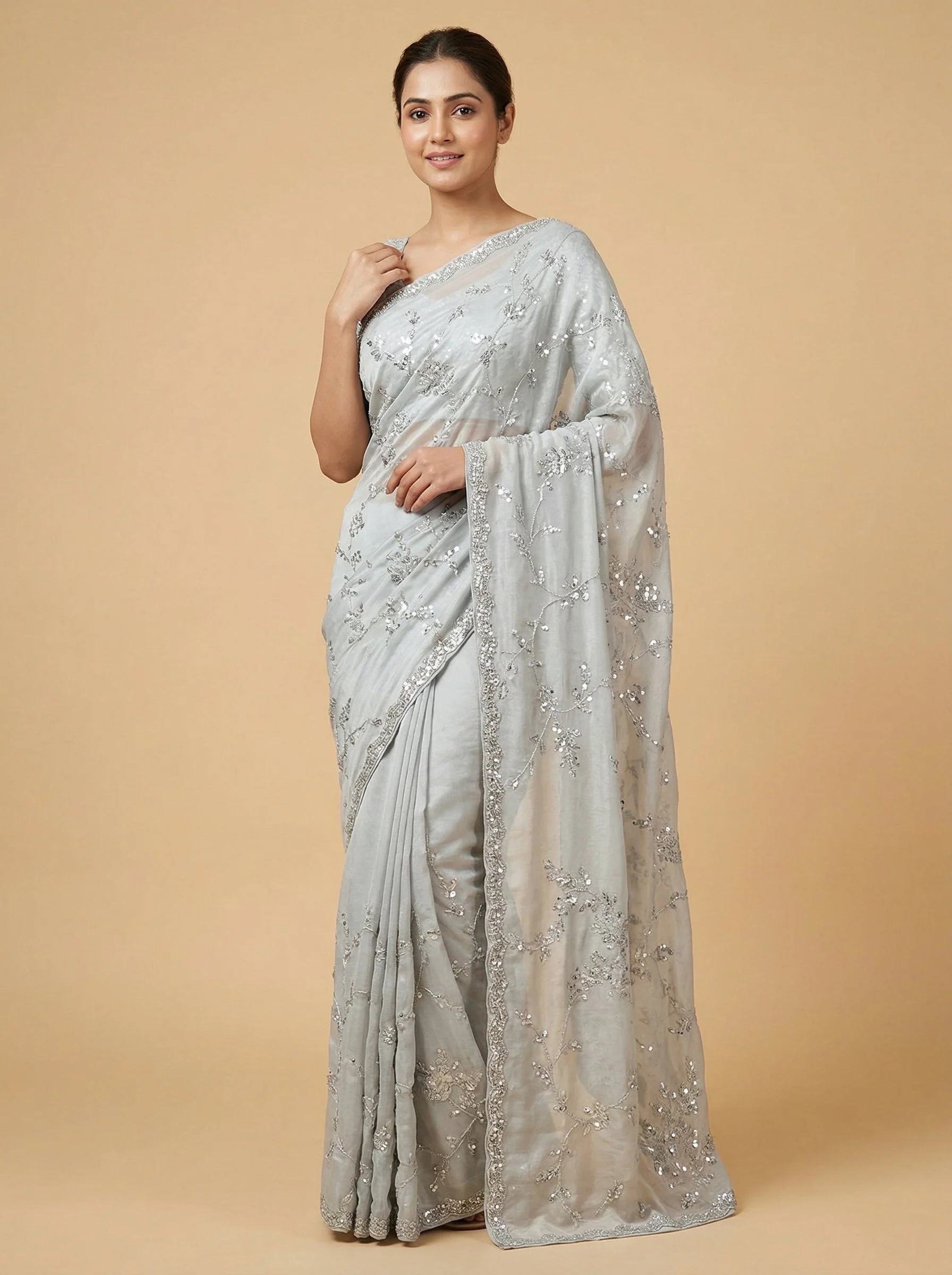 Lustrous Silver Embroidered Saree