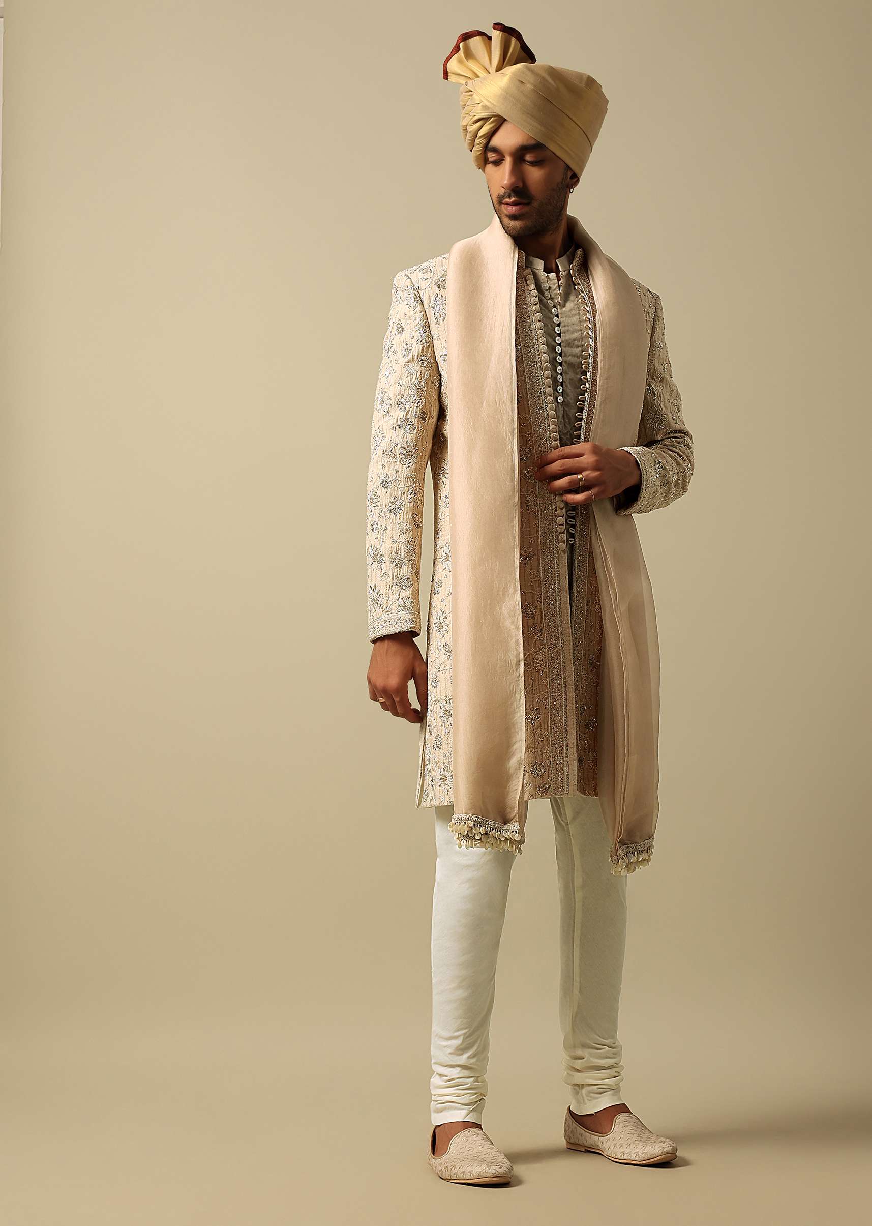 Luxurious Beige Silk Sherwani - Image 3
