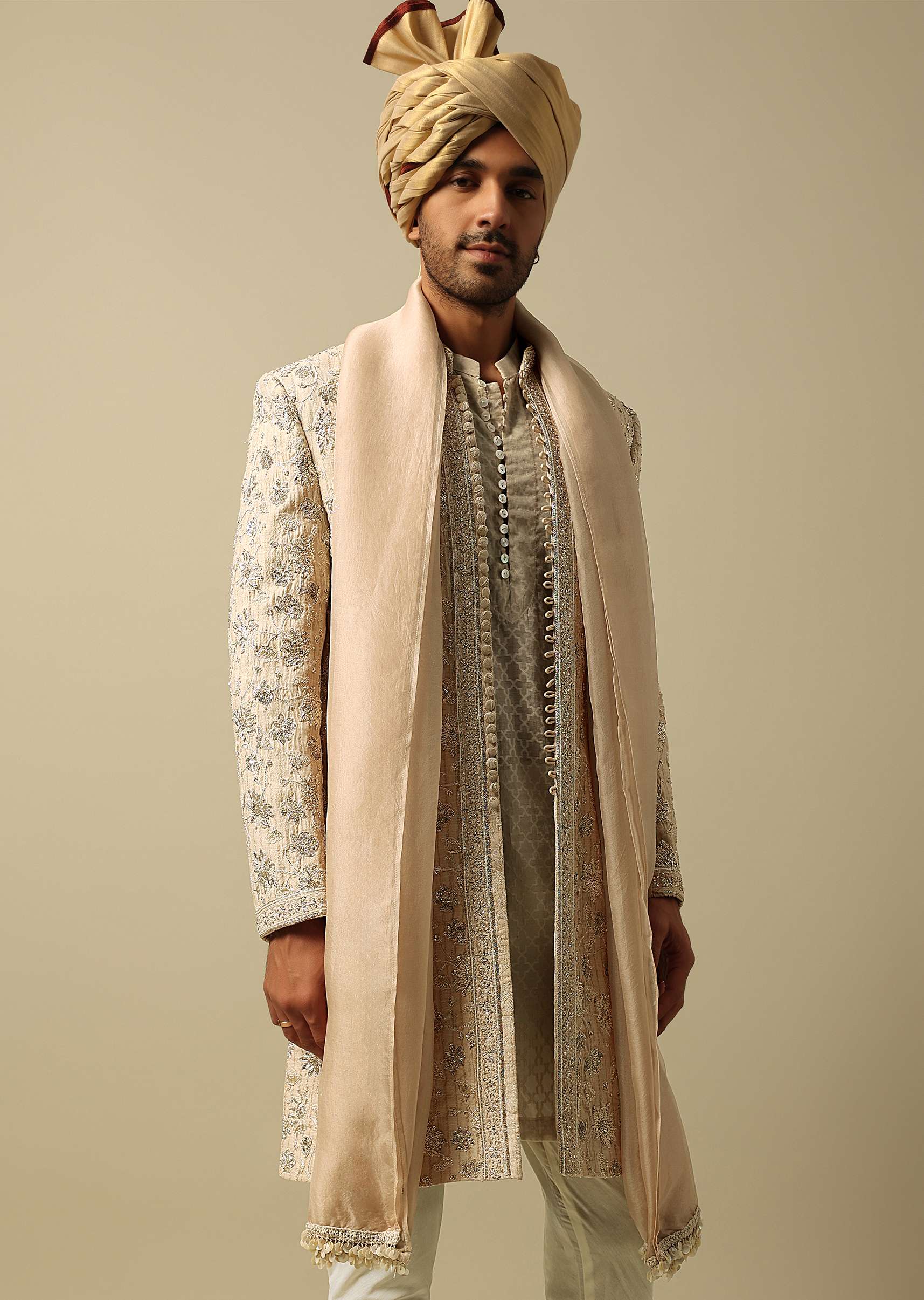 Luxurious Beige Silk Sherwani - Image 4