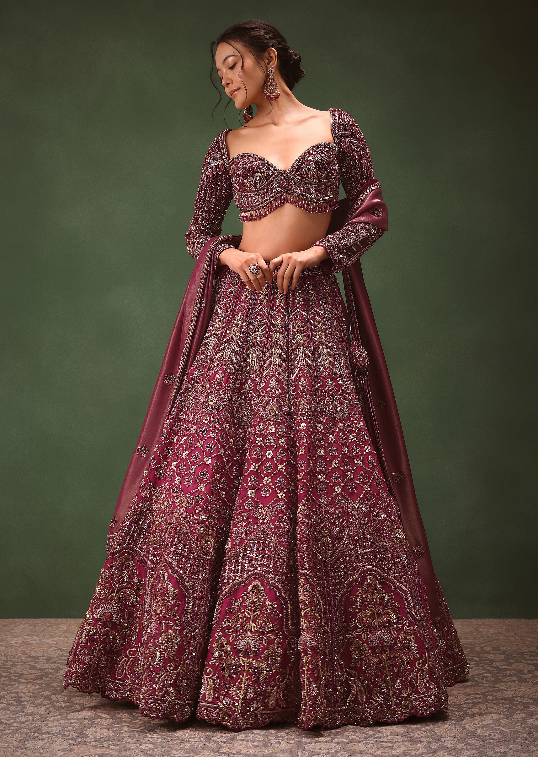 Magenta Embroidered Bridal Lehenga With Full Sleeves Blouse And Dupatta - Image 3