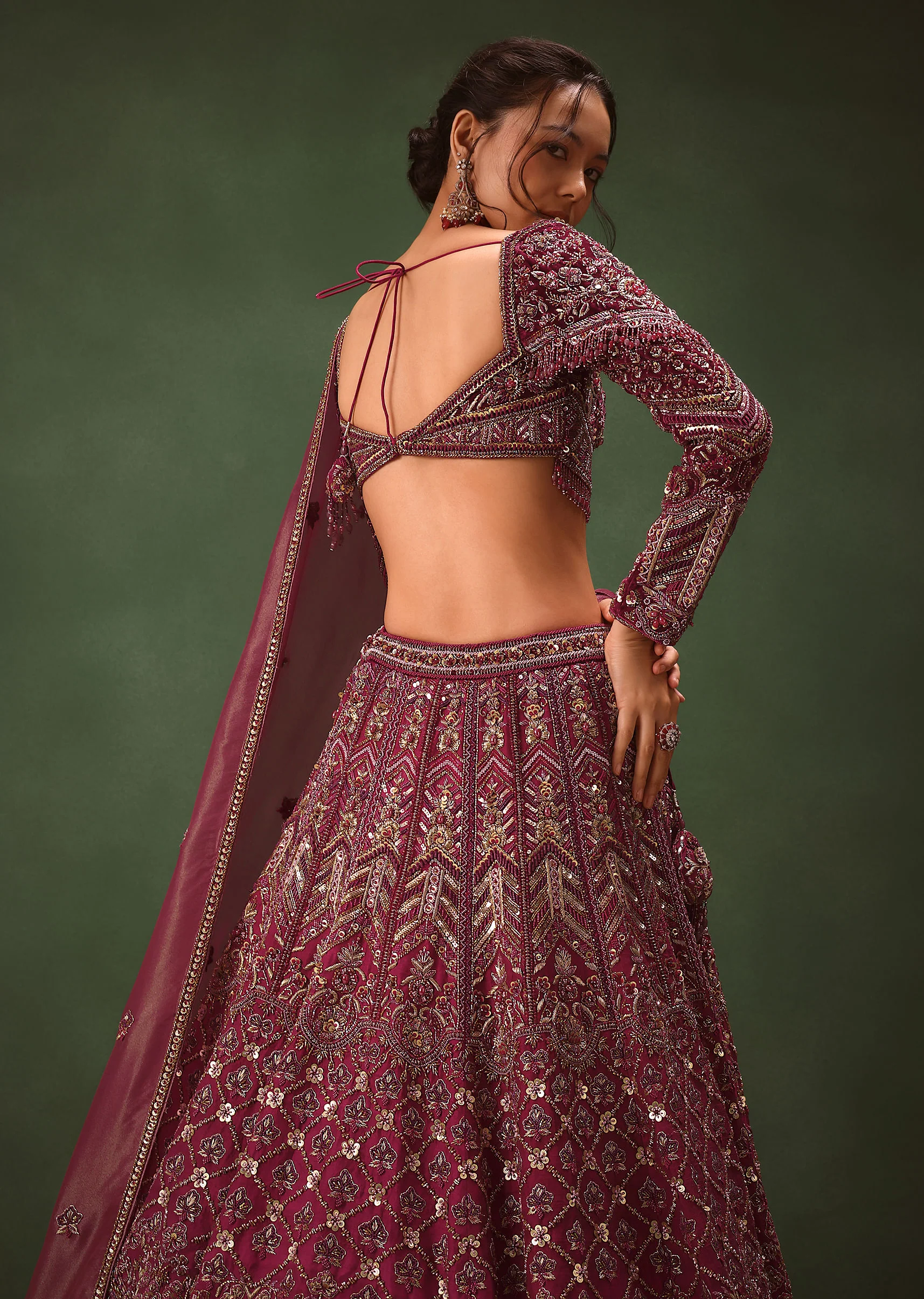 Magenta Embroidered Bridal Lehenga With Full Sleeves Blouse And Dupatta - Image 4