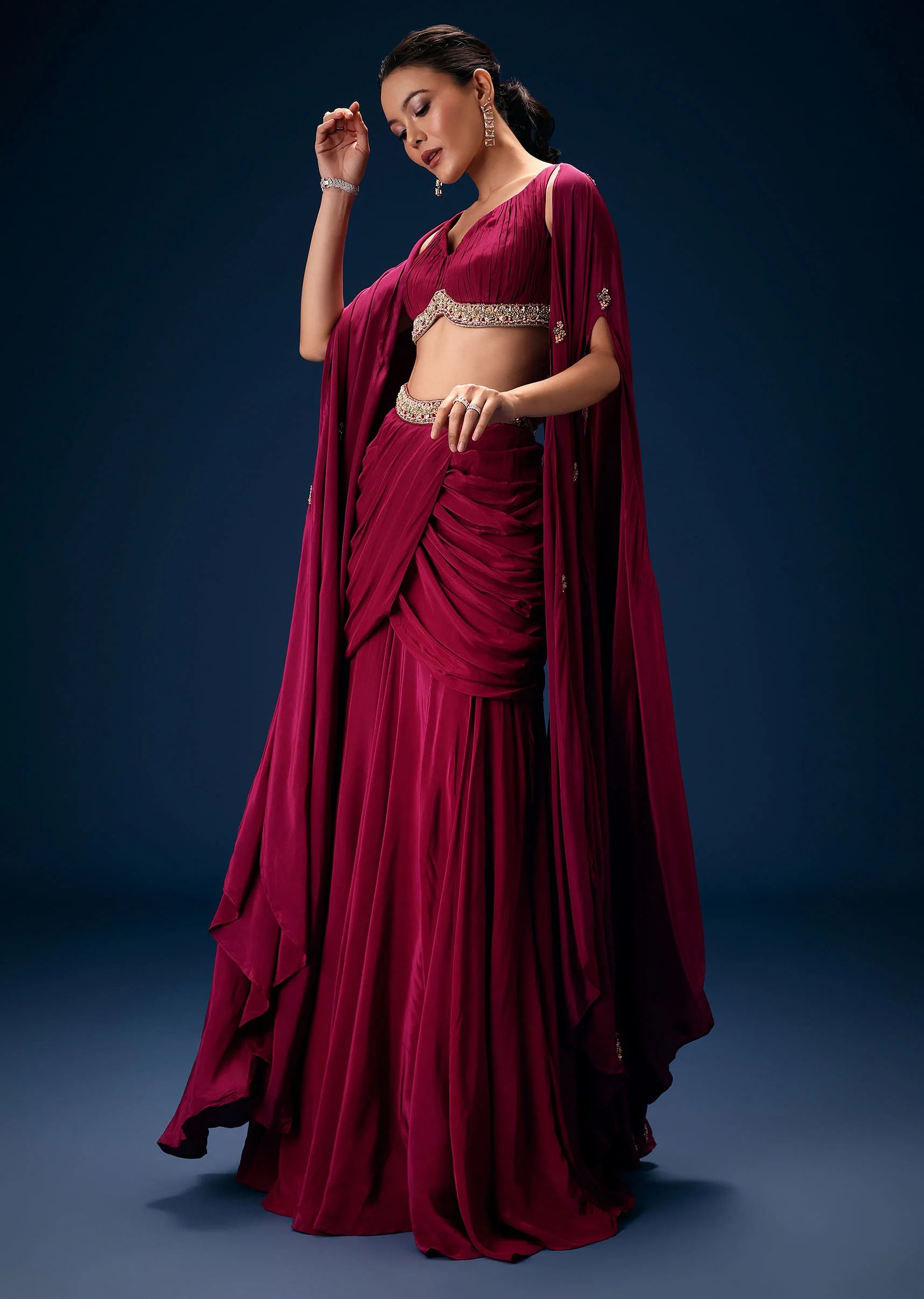 Magenta Fish Cut Draped Skirt With Hand Embroidered Blouse And Choker Dupatta - Image 3