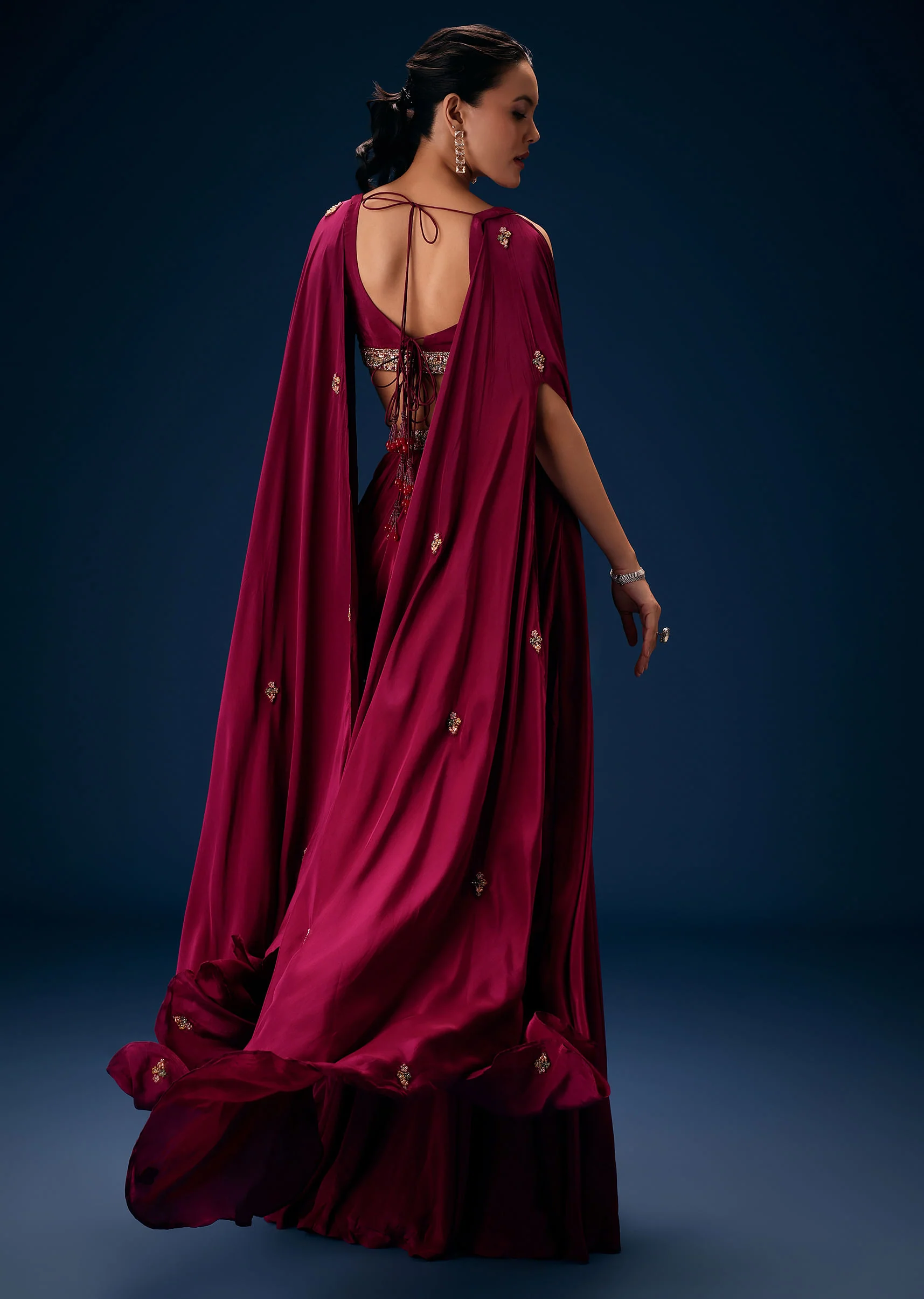 Magenta Fish Cut Draped Skirt With Hand Embroidered Blouse And Choker Dupatta - Image 5