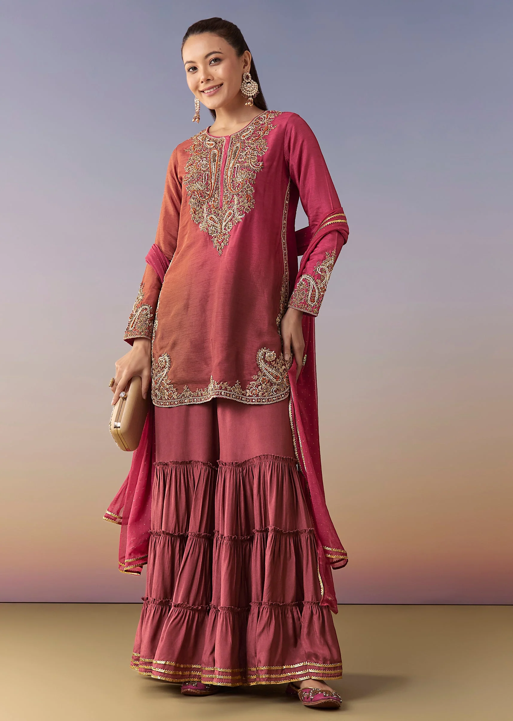 Magenta Ombre Sharara Suit Set With Dupatta - Image 3