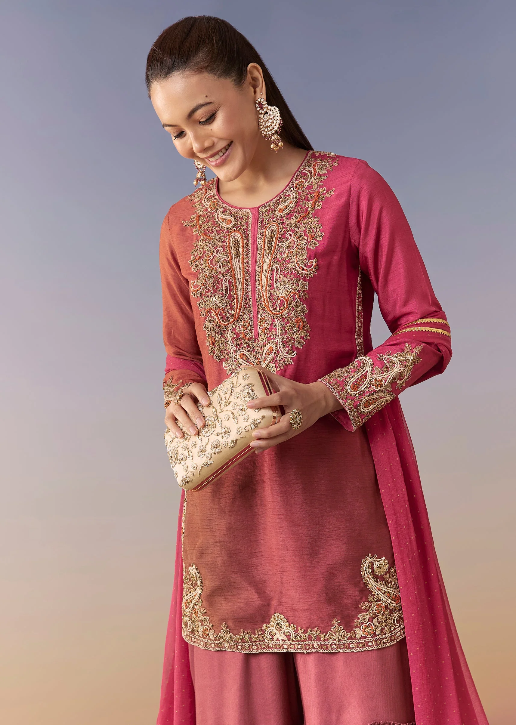 Magenta Ombre Sharara Suit Set With Dupatta - Image 4