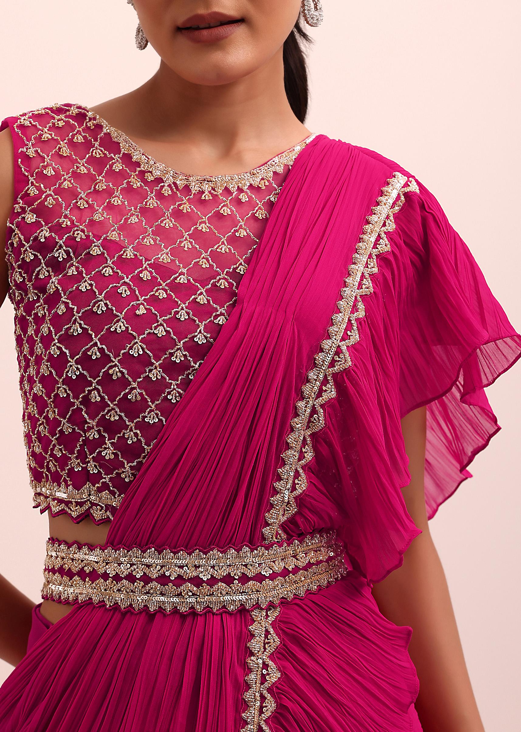 Red Pre Drape Frill Saree With Belt And A Stitched Blouse - Image 2