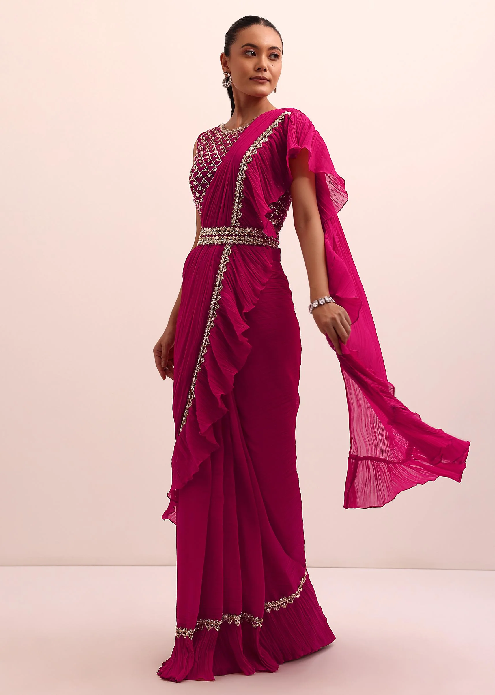Red Pre Drape Frill Saree With Belt And A Stitched Blouse - Image 3
