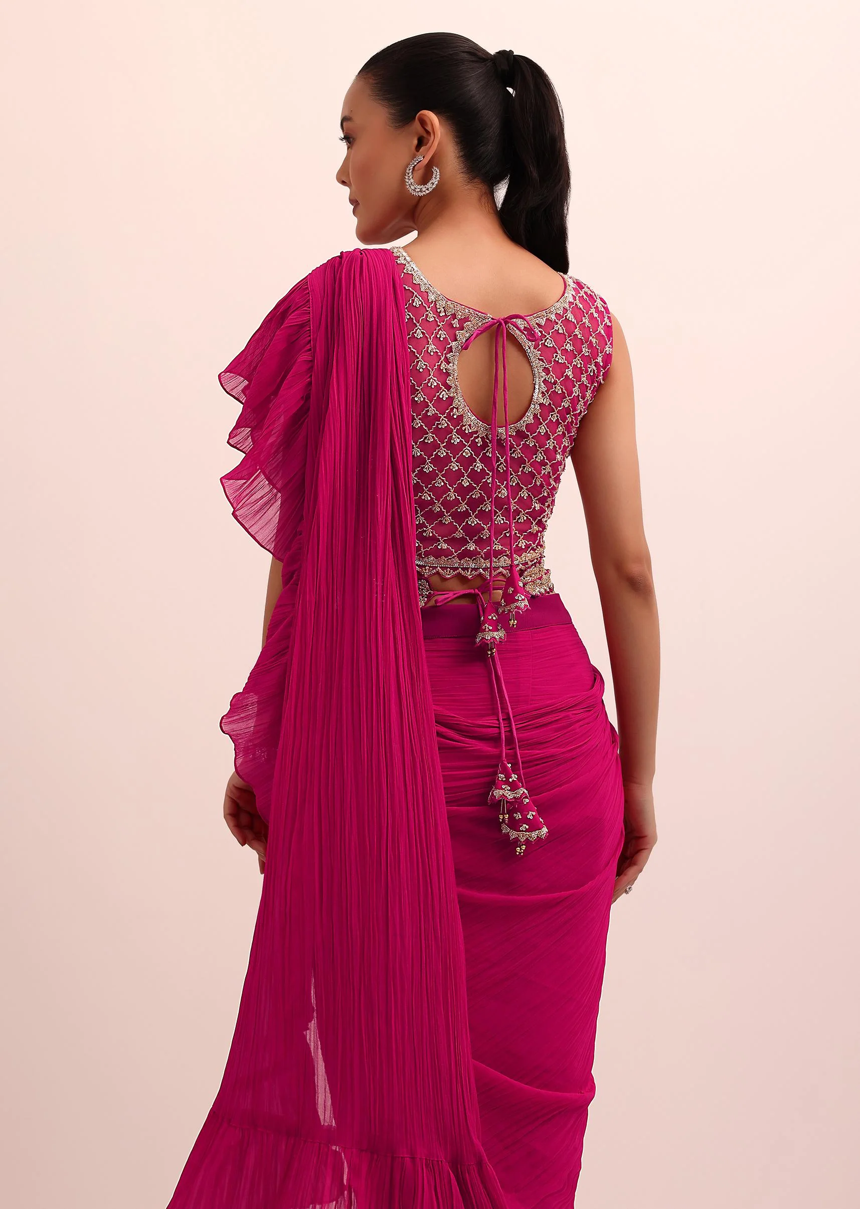 Red Pre Drape Frill Saree With Belt And A Stitched Blouse - Image 4