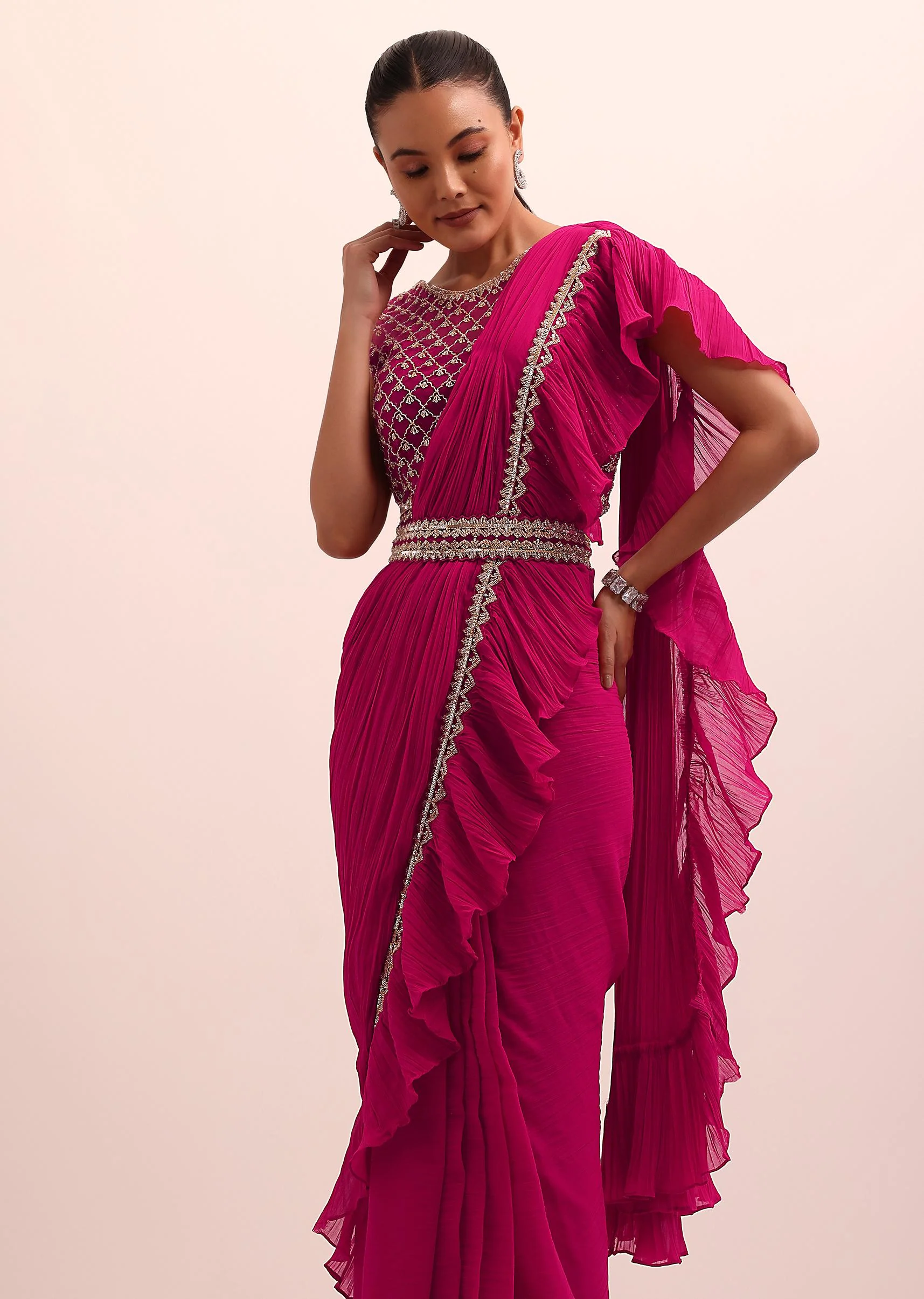 Red Pre Drape Frill Saree With Belt And A Stitched Blouse - Image 5