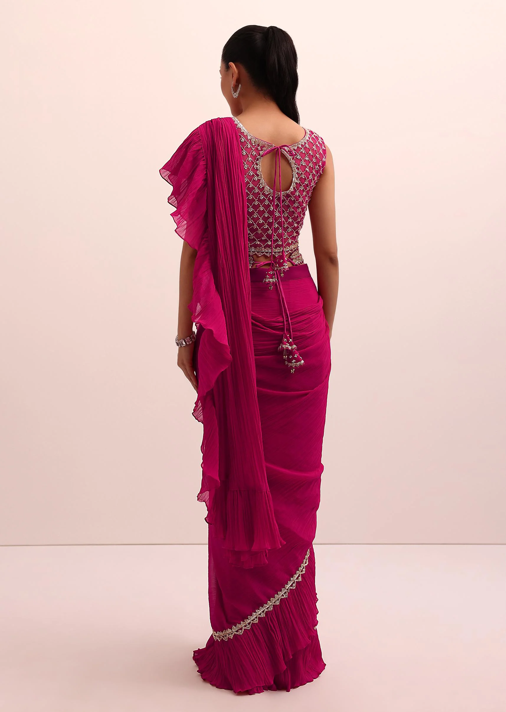 Red Pre Drape Frill Saree With Belt And A Stitched Blouse - Image 6