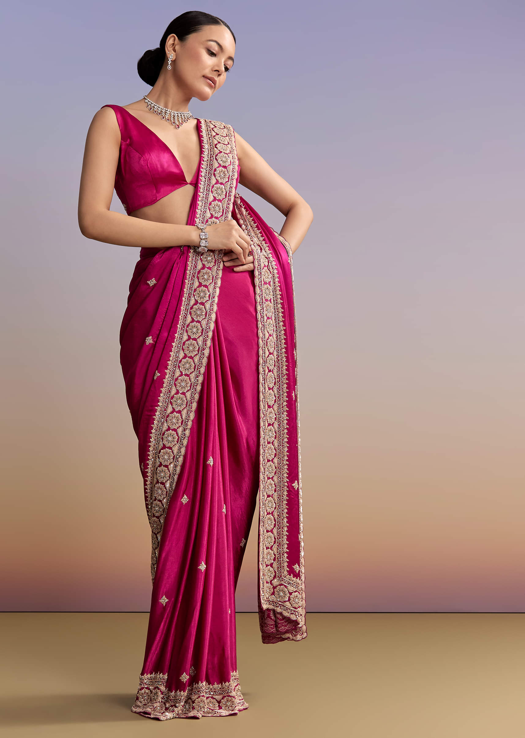 Magenta Pink Satin Saree With Floral Embroidered Border - Image 3