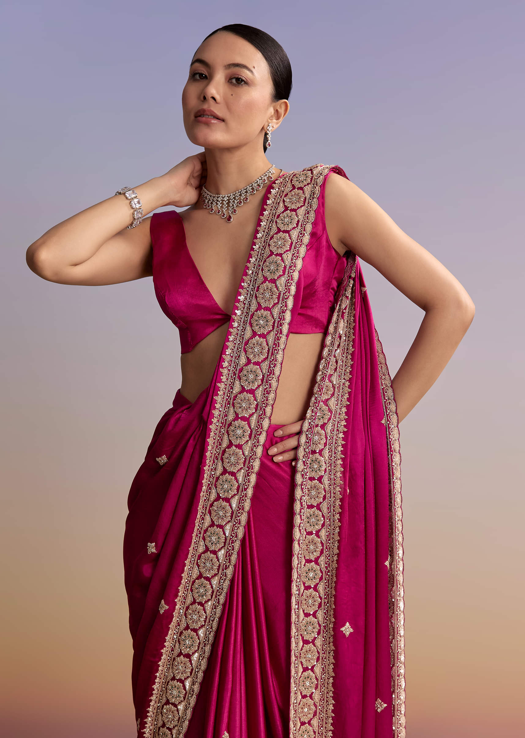Magenta Pink Satin Saree With Floral Embroidered Border - Image 5