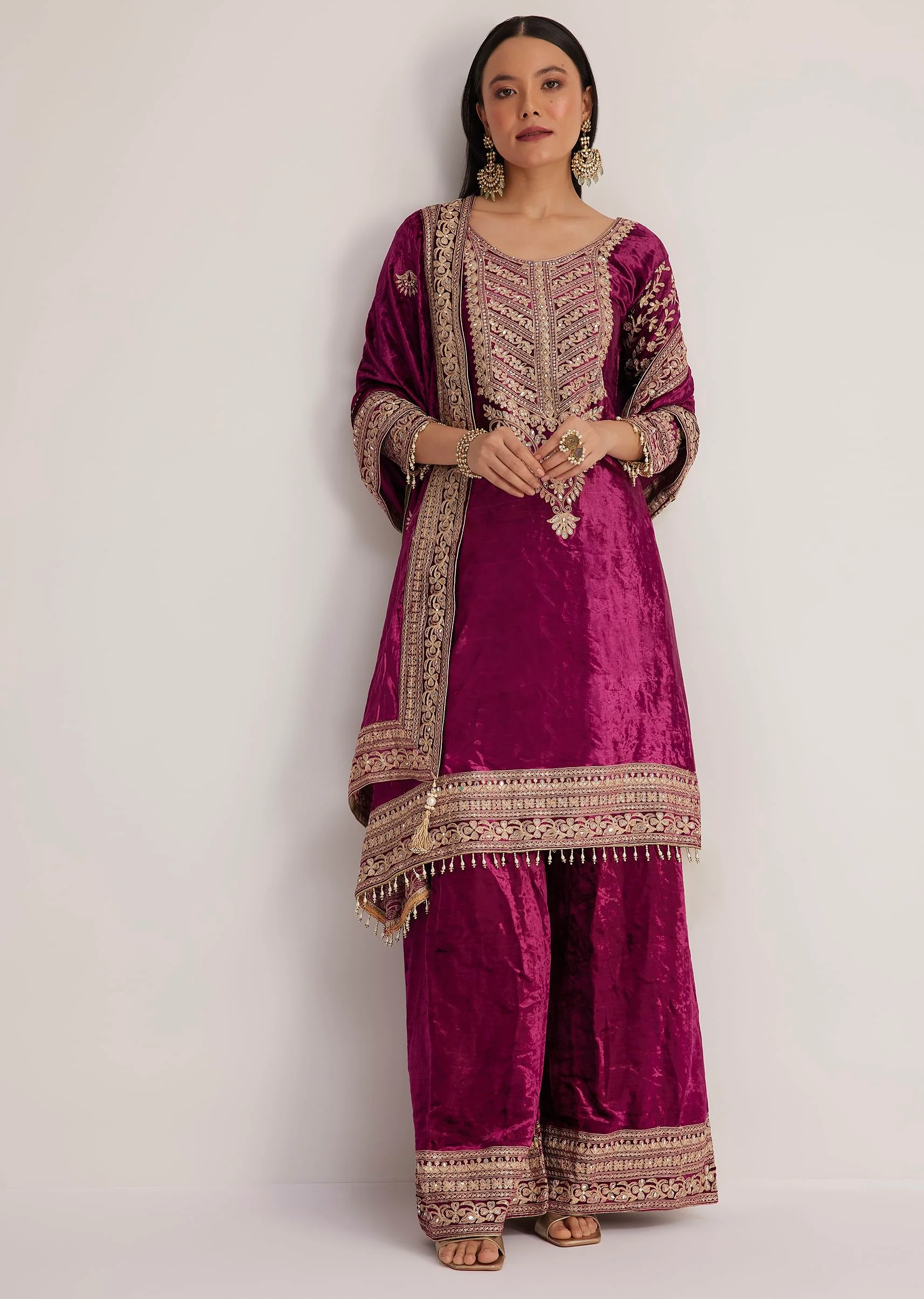 Magenta Pink Velvet Embroidered Palazzo Suit - Image 2
