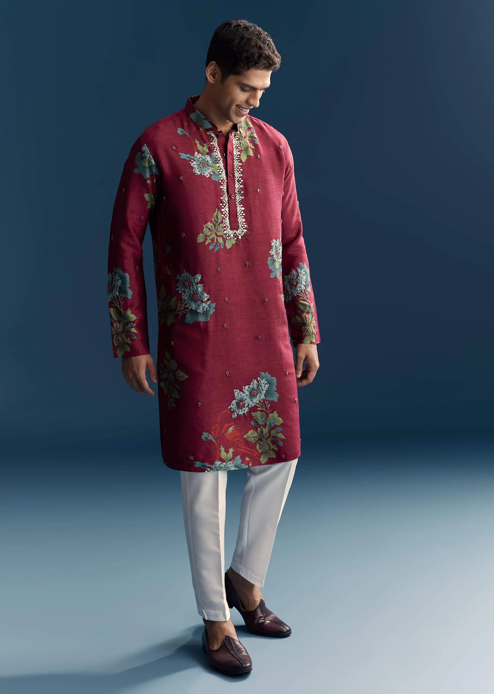 Magenta Silk Kurta Set For Men With Heavy Hand Work - Image 3