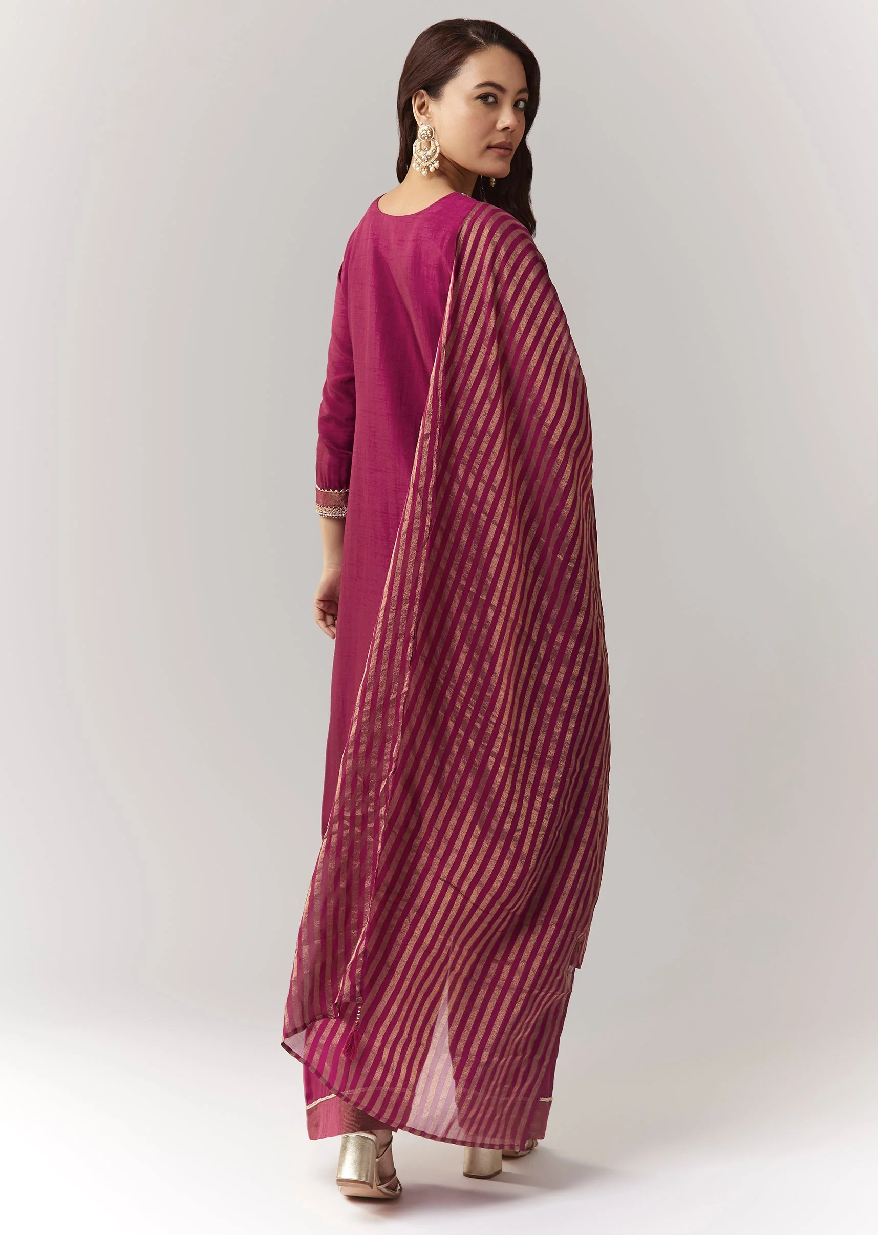 Magenta Zardosi Threadwork Kurta Palazzo Set With Dupatta - Image 5