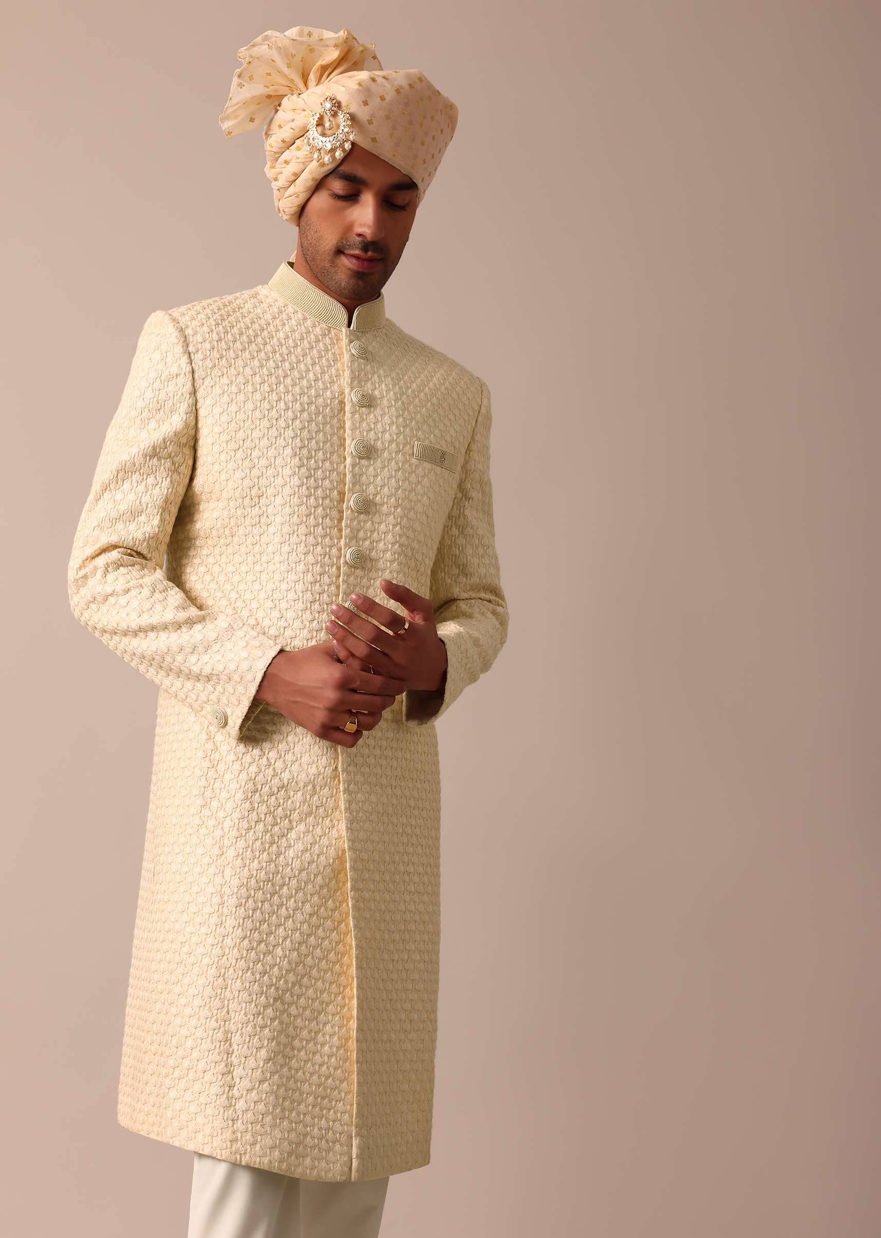 Magnificent Beige Silk Lucknowi Sherwani Set - Image 3