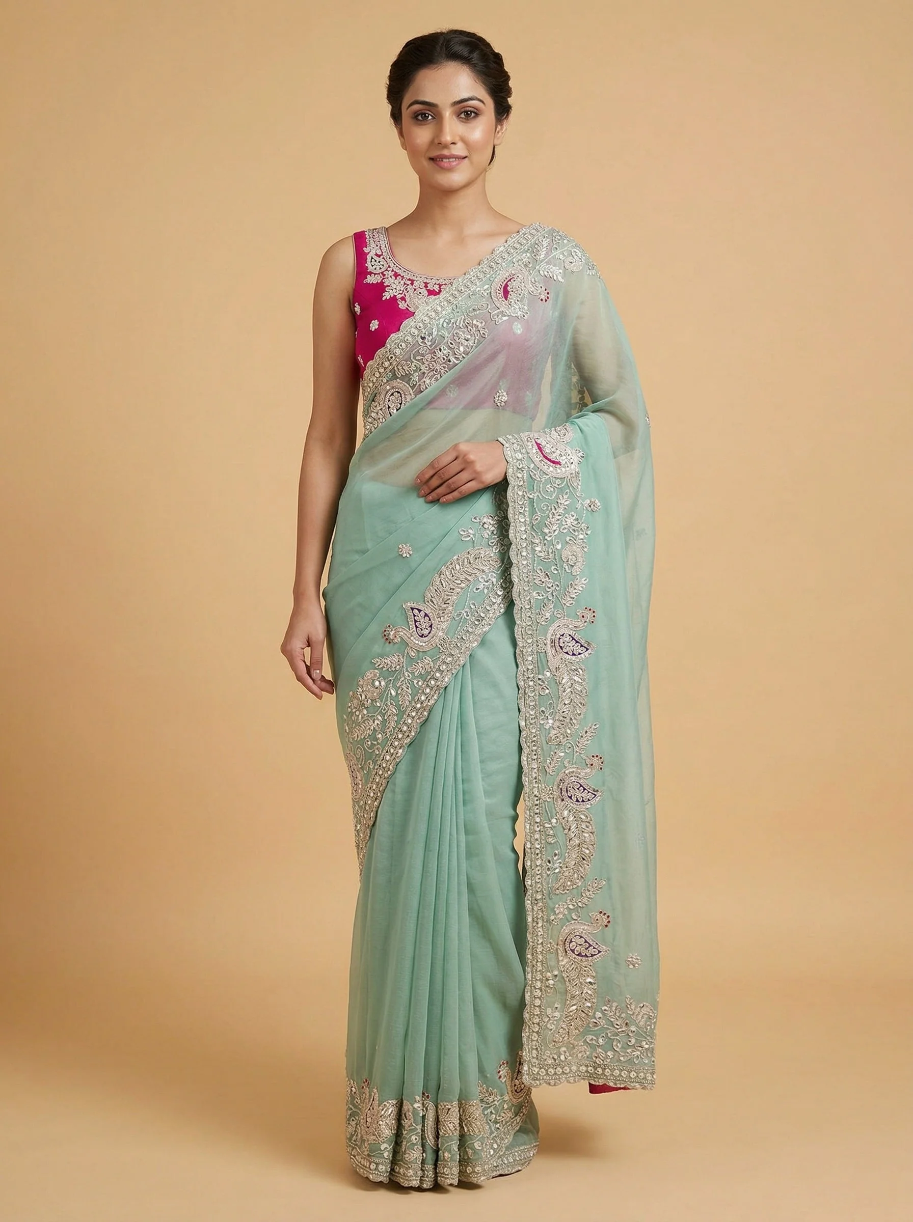 Marina Teal Sea Green Embroidered Saree