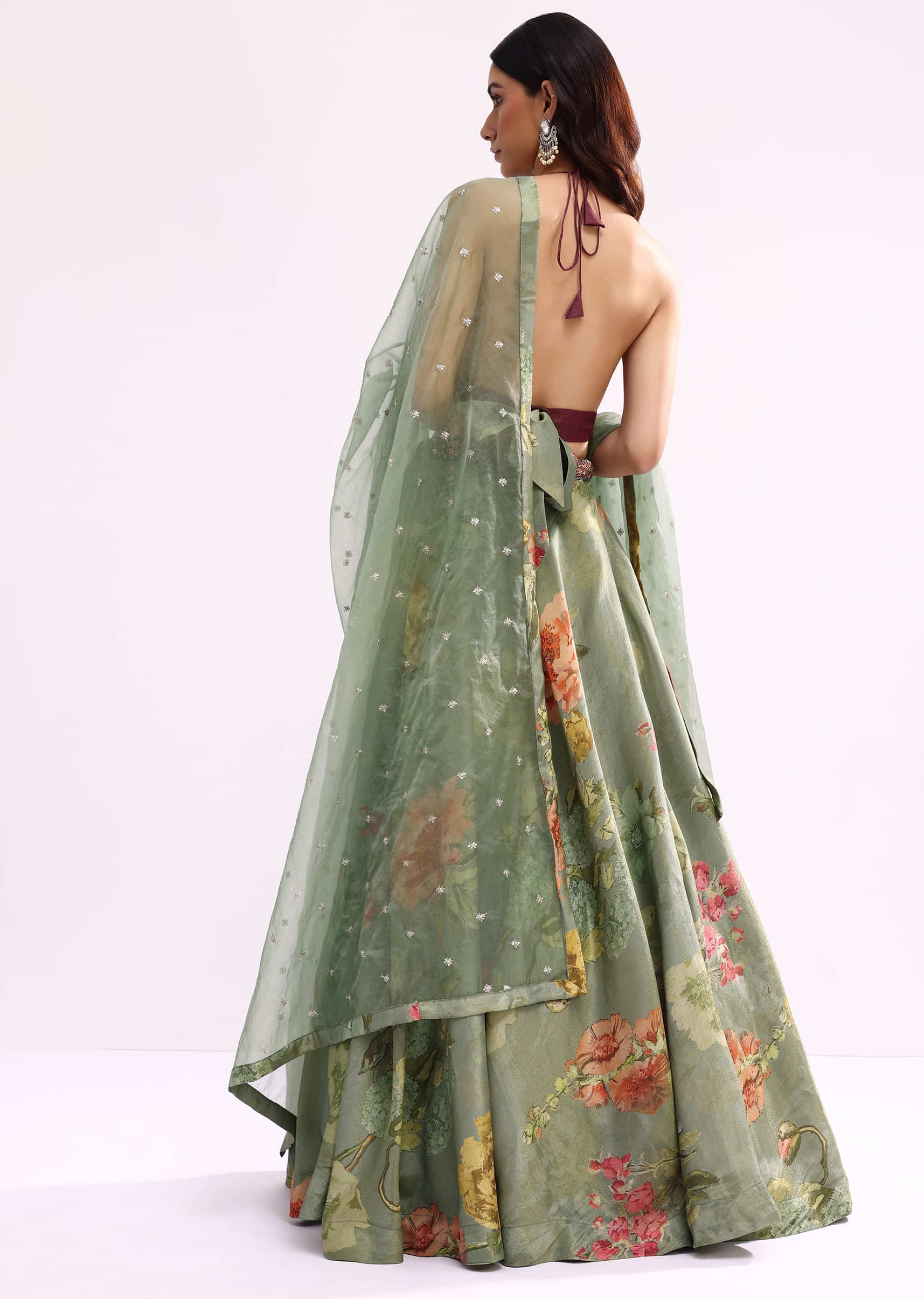 Maroon And Green Embroidered Tissue Lehenga Choli Set - Image 5