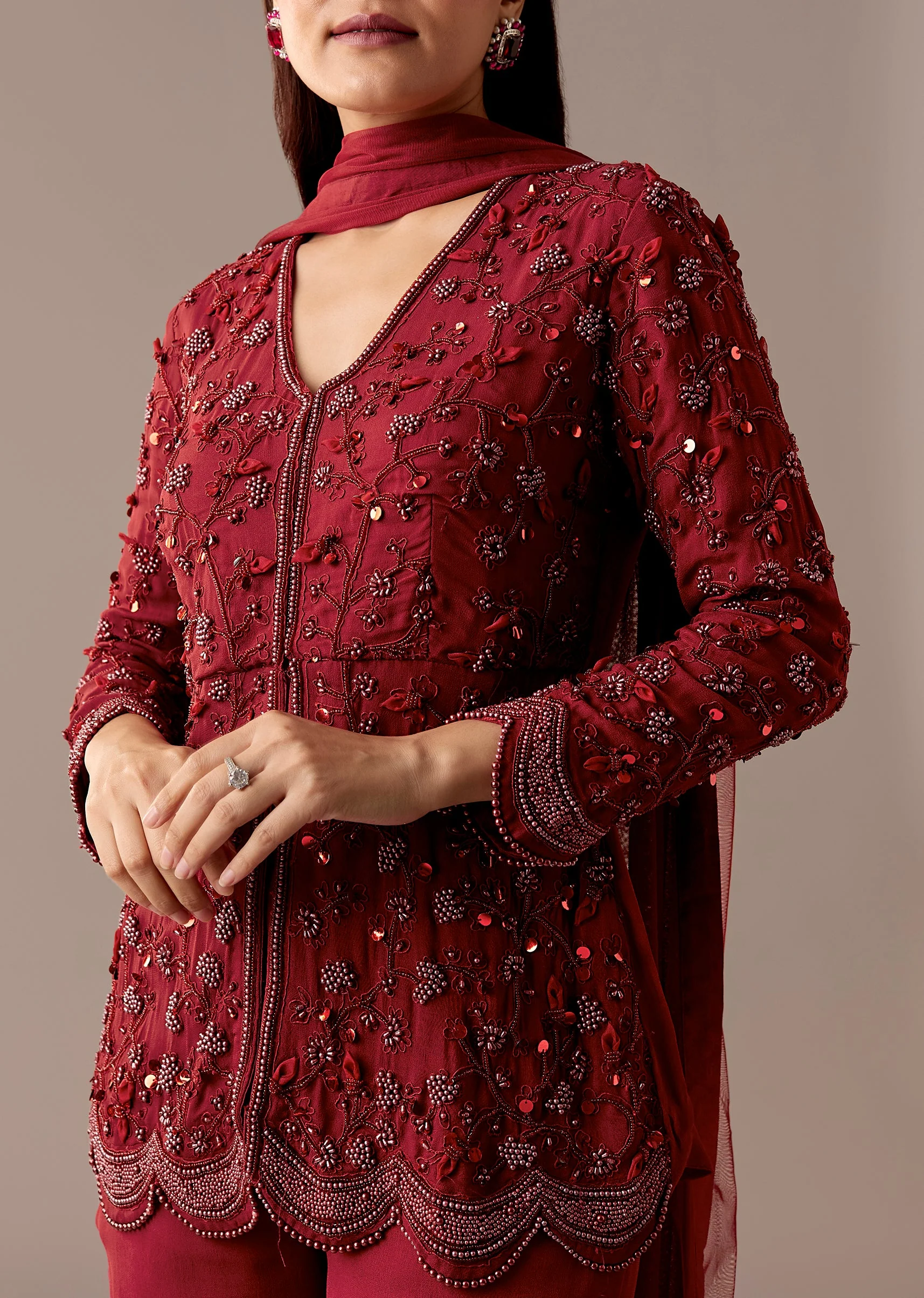 Maroon Beaded Peplum Sharara Set - Image 2