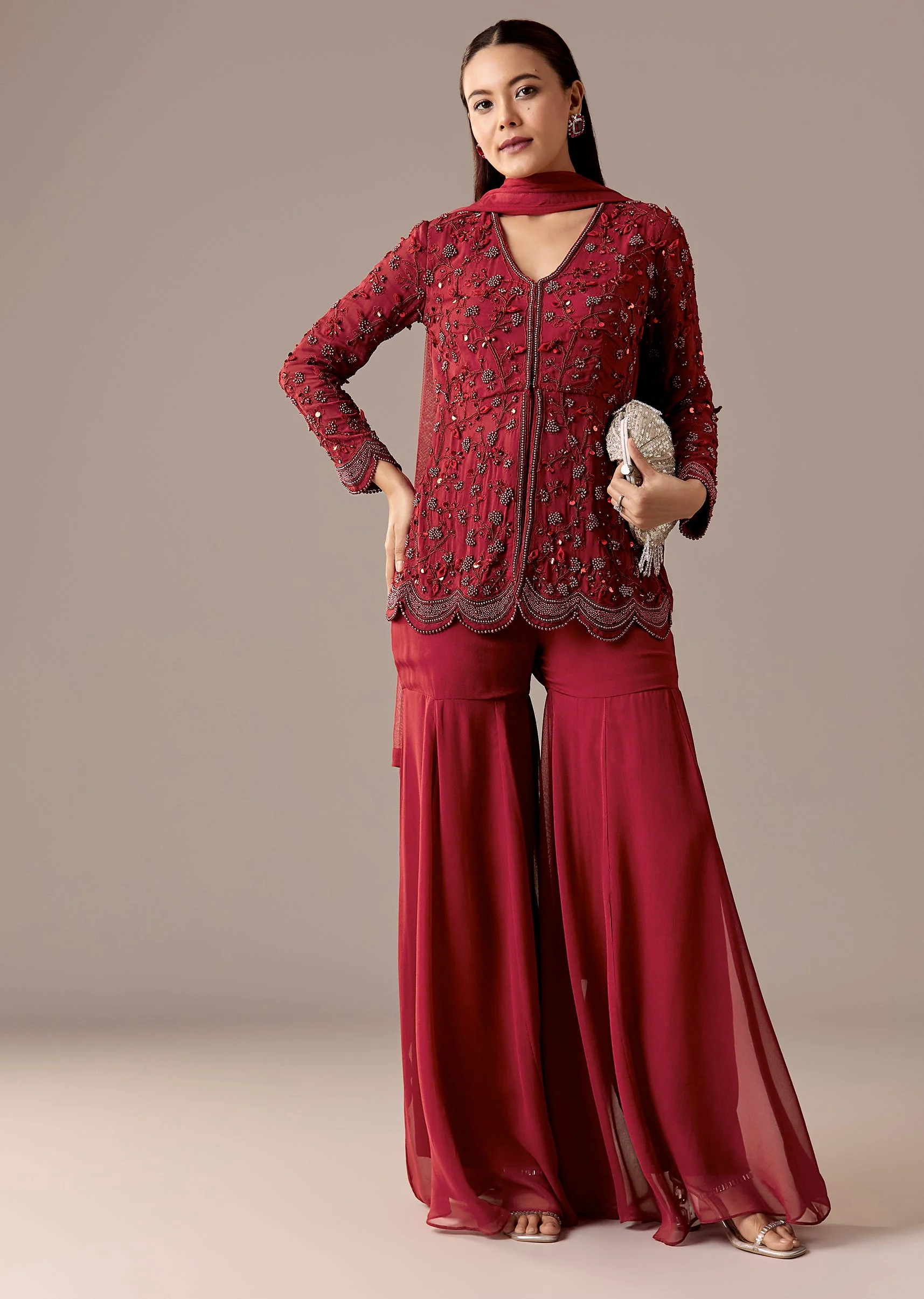 Maroon Beaded Peplum Sharara Set - Image 3