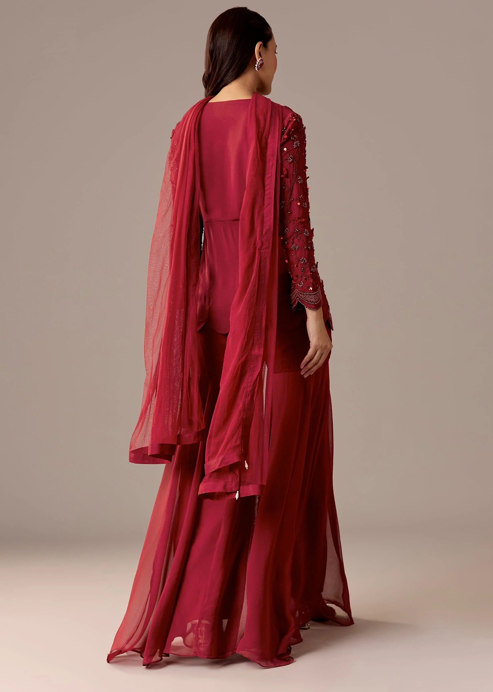 Maroon Beaded Peplum Sharara Set - Image 5