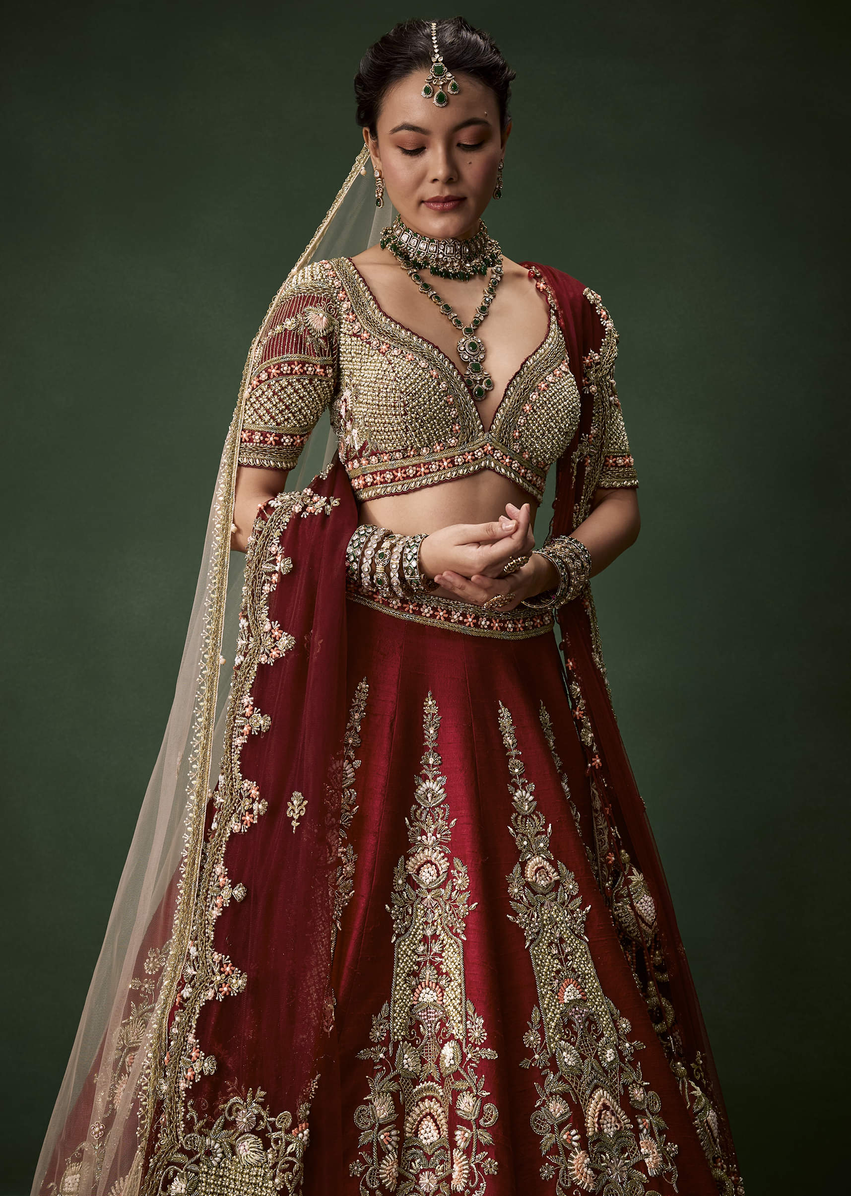 Maroon Bridal Lehenga Set In Raw Silk with Two Dupattas - Image 6
