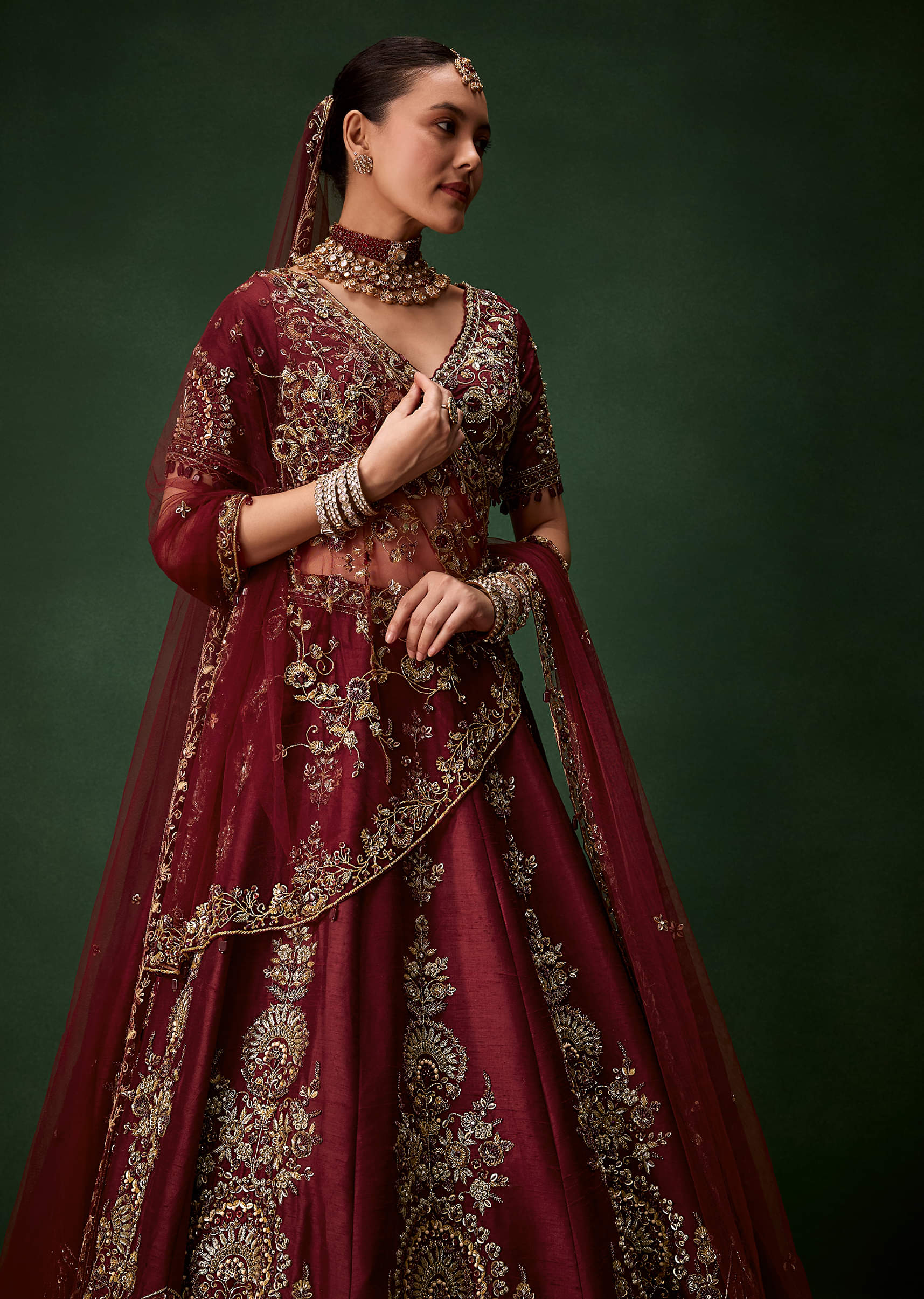 Maroon Bridal Moti Silk Lehenga Set with Two Dupattas - Image 5