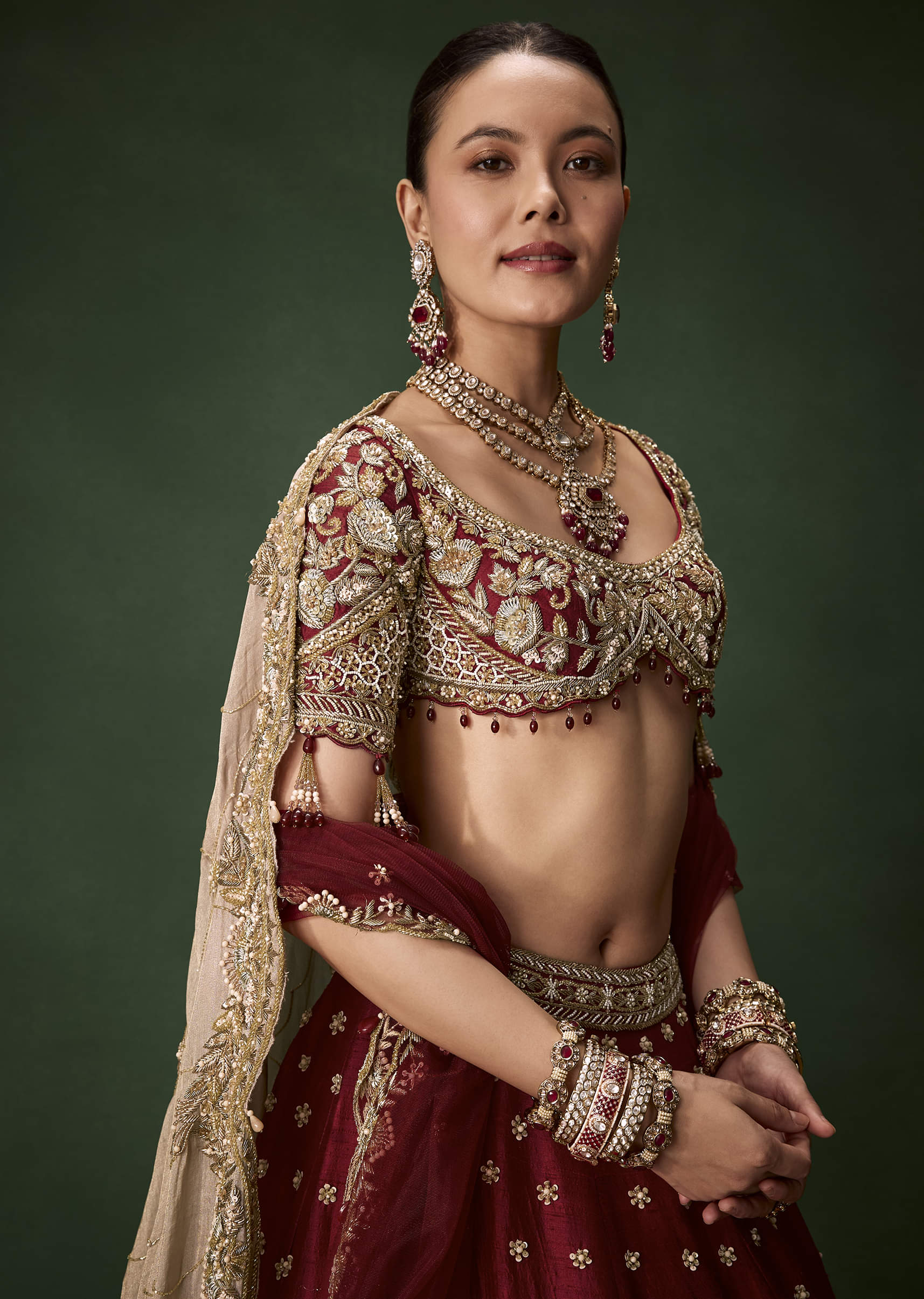 Maroon Bridal Patchwork Silk Lehenga Set with Two Dupattas - Image 3