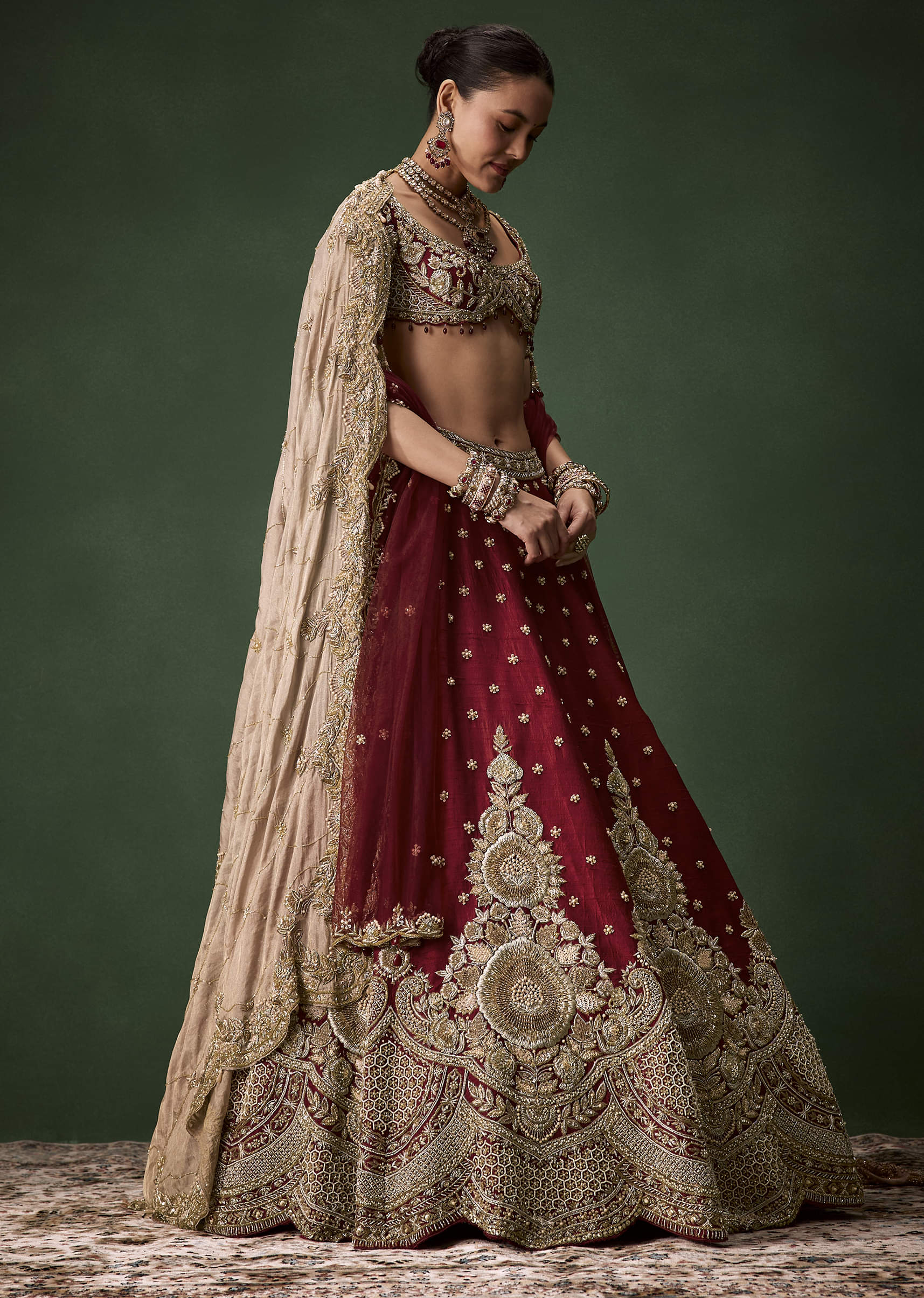 Maroon Bridal Patchwork Silk Lehenga Set with Two Dupattas - Image 4