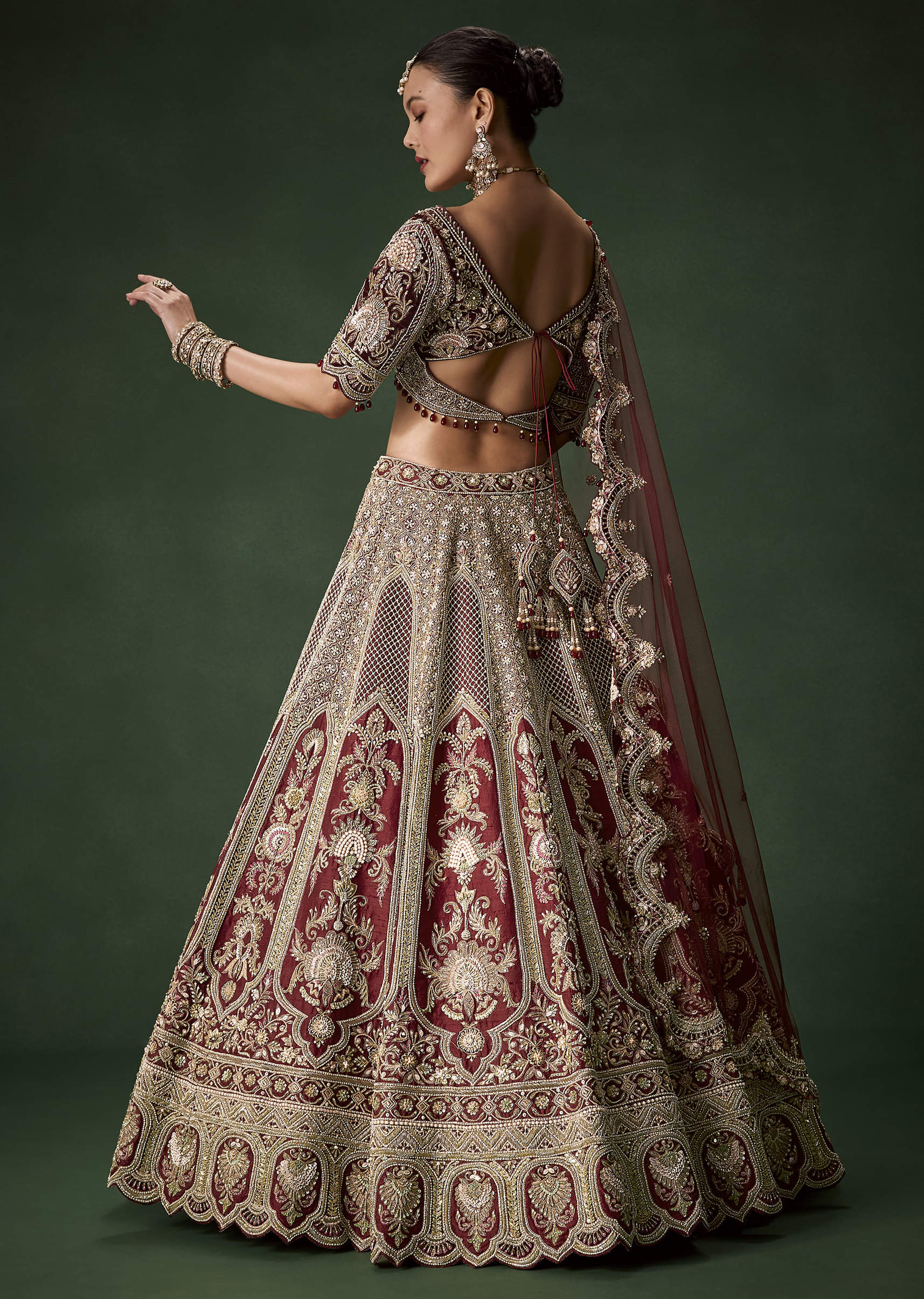 Maroon Bridal Silk Sequin Lehenga Set with  Two Dupattas - Image 2