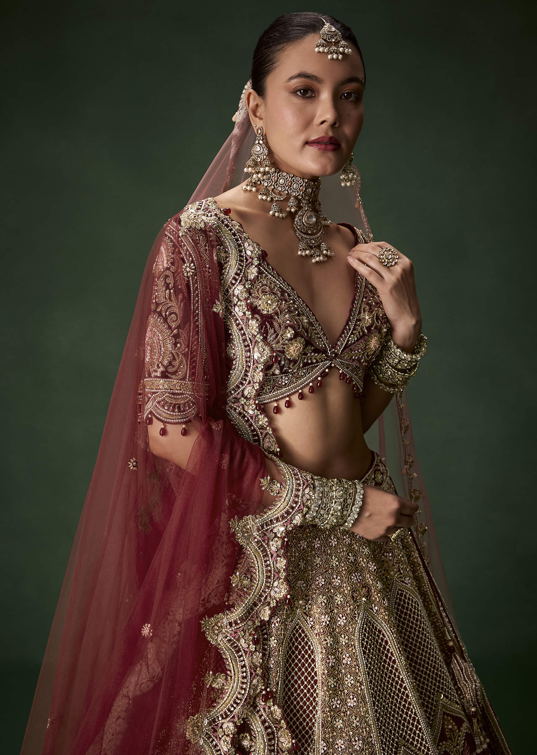Maroon Bridal Silk Sequin Lehenga Set with  Two Dupattas - Image 3