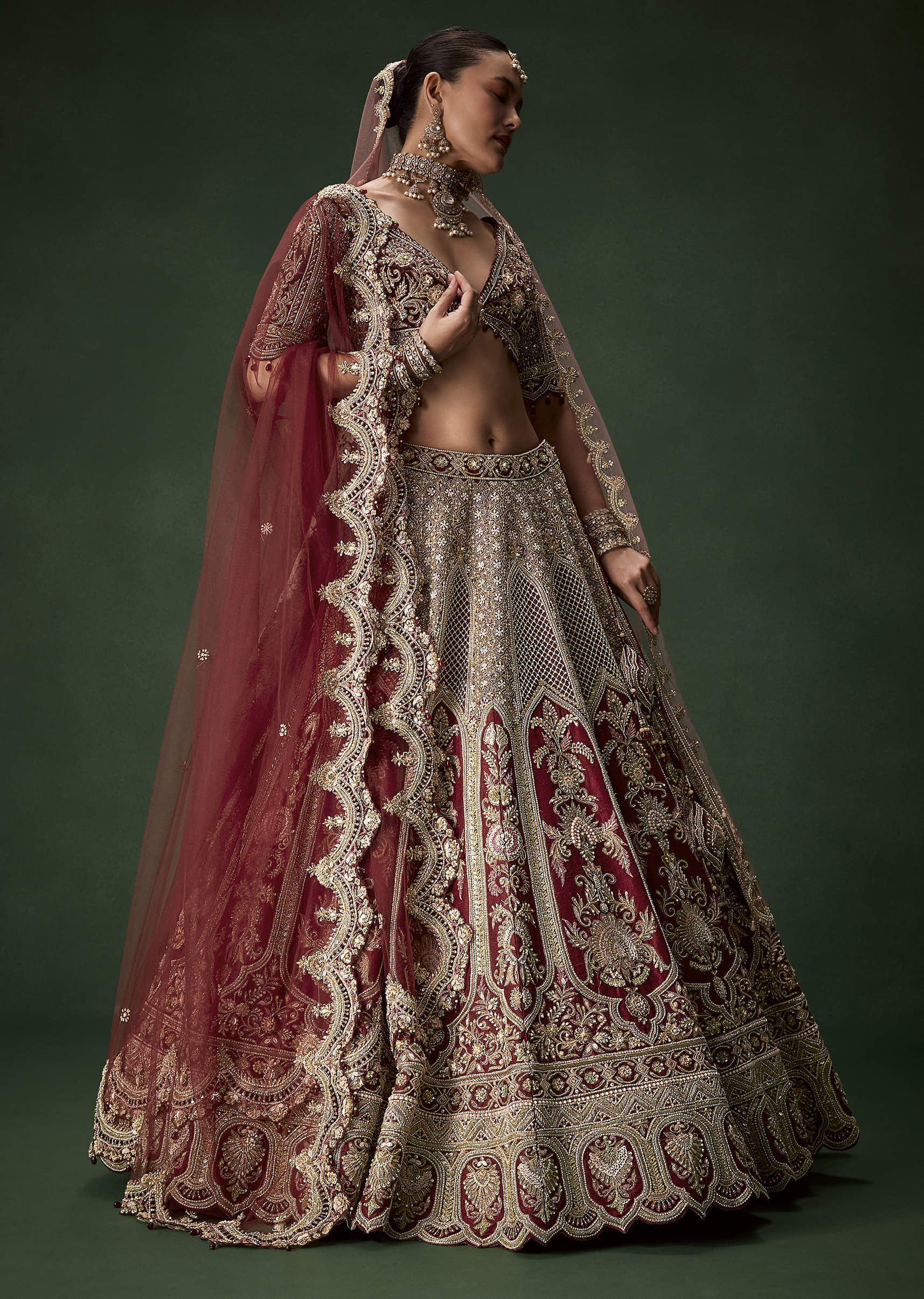 Maroon Bridal Silk Sequin Lehenga Set with  Two Dupattas - Image 4