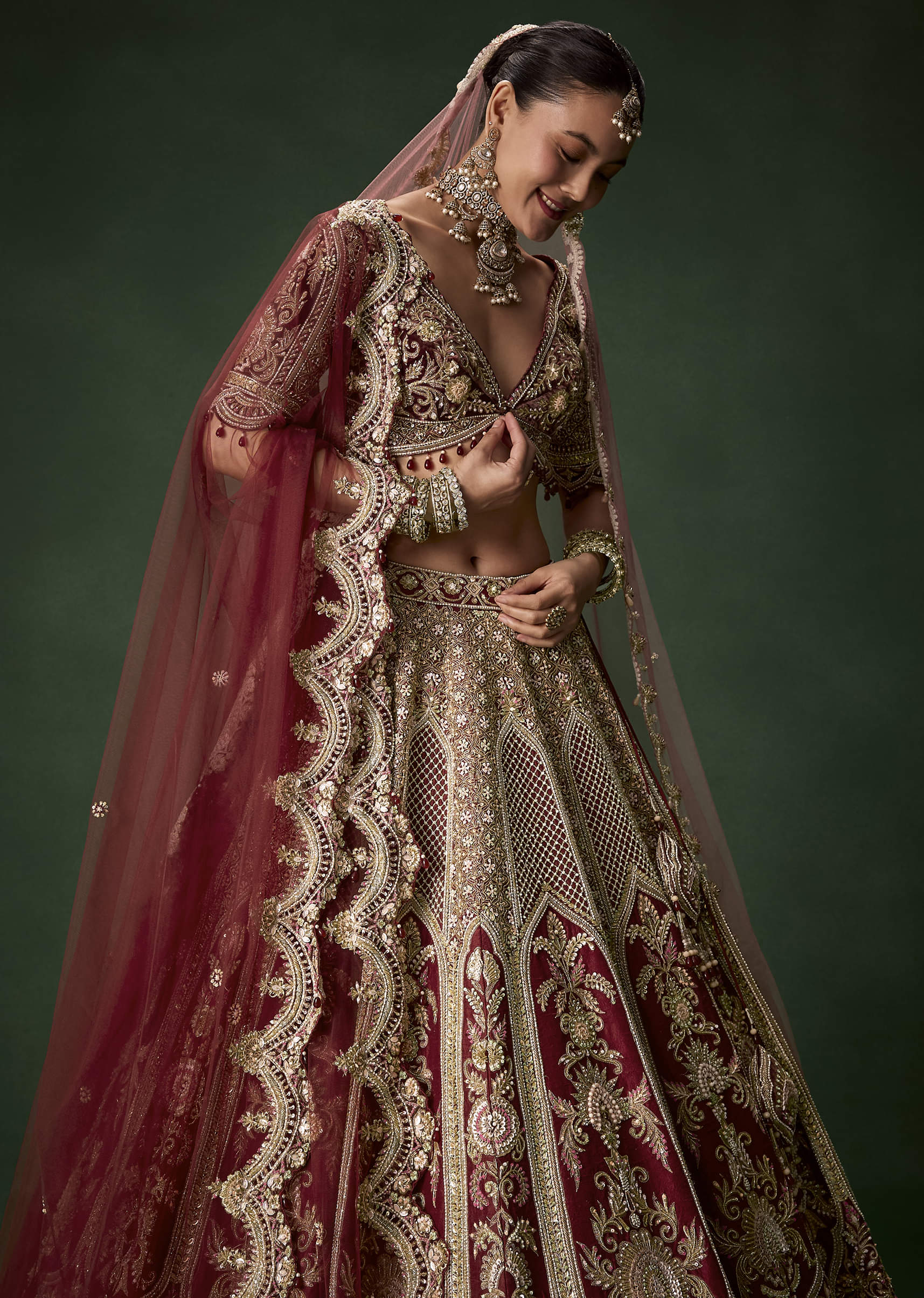 Maroon Bridal Silk Sequin Lehenga Set with  Two Dupattas - Image 5