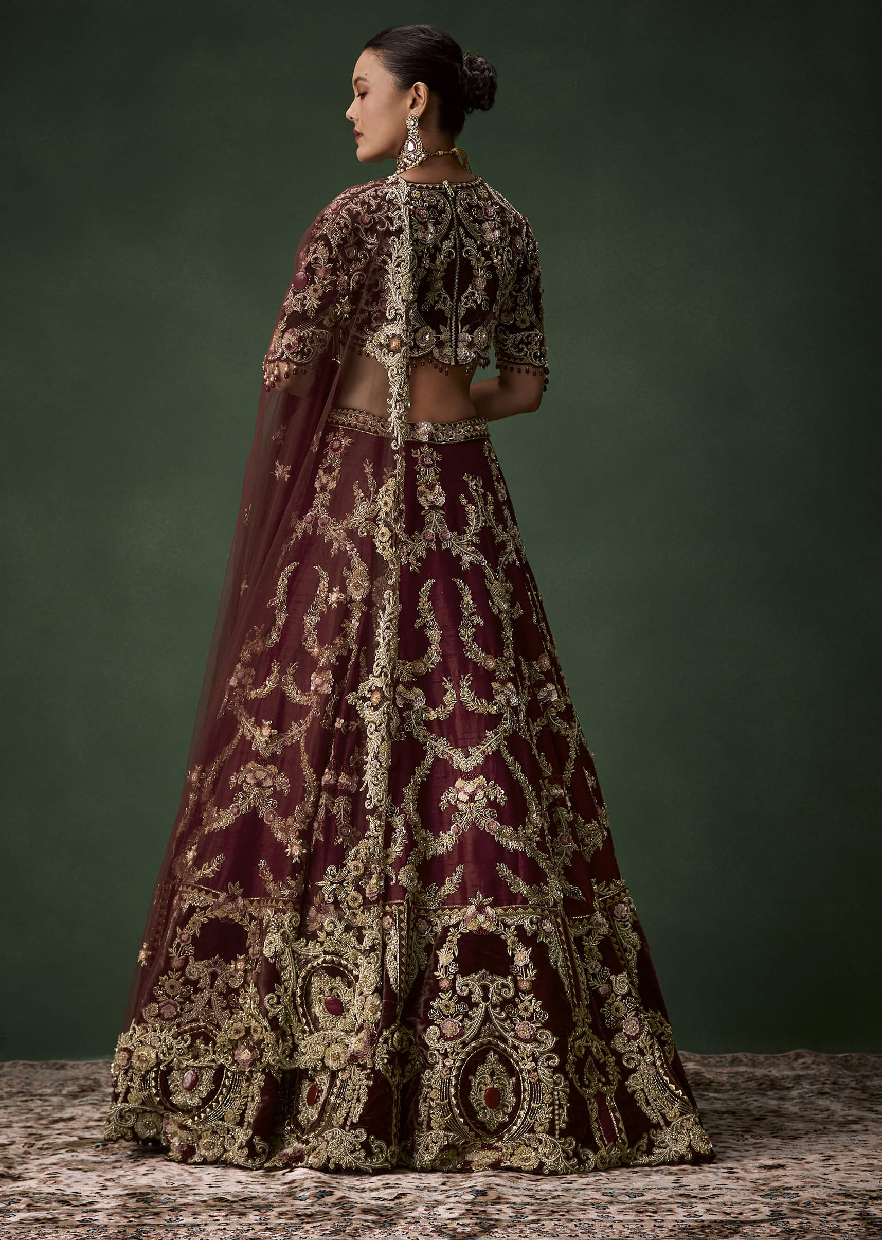 Maroon Bridal Silk Zardozi Lehenga Set with  Two Dupattas - Image 2