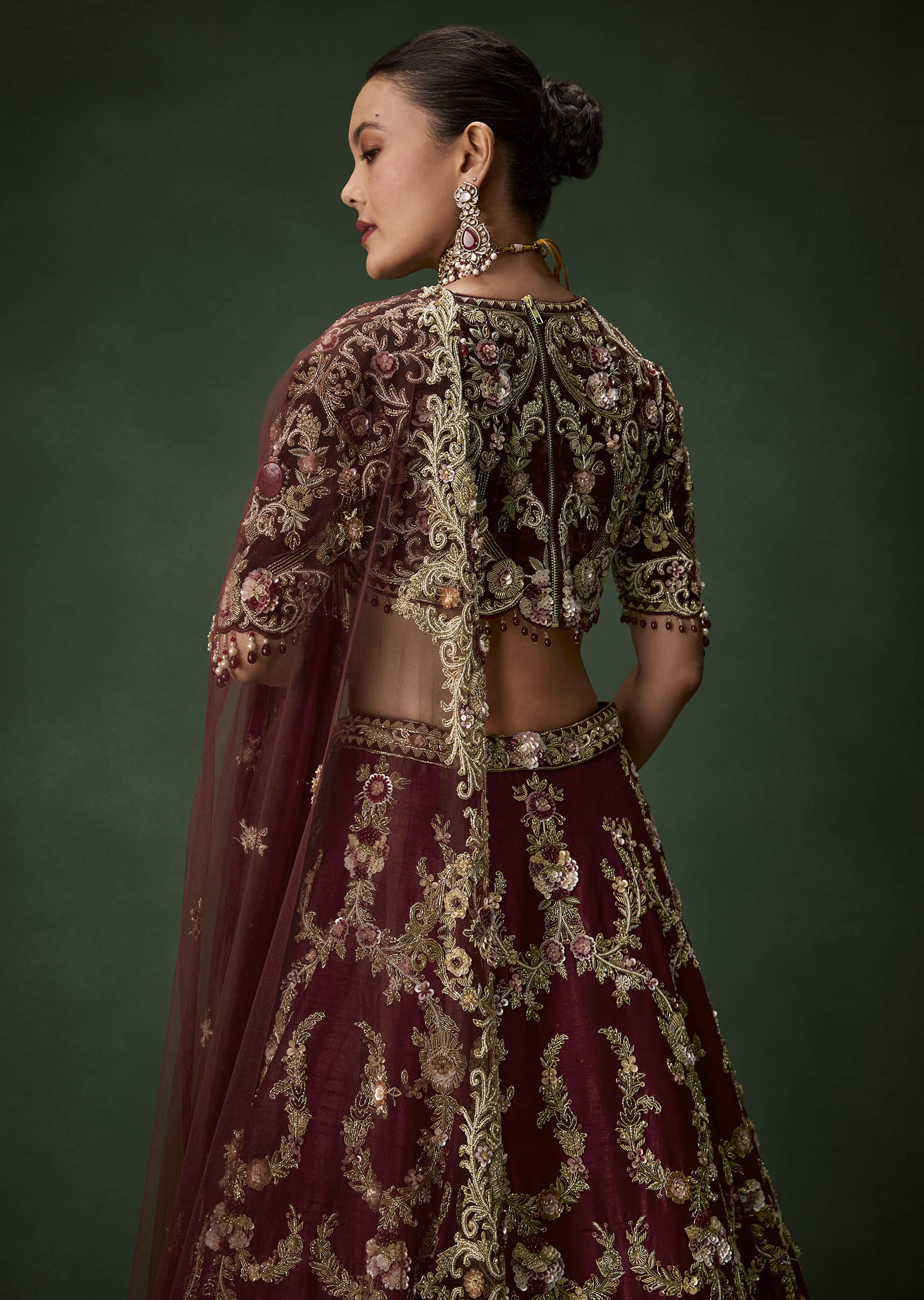 Maroon Bridal Silk Zardozi Lehenga Set with  Two Dupattas - Image 6