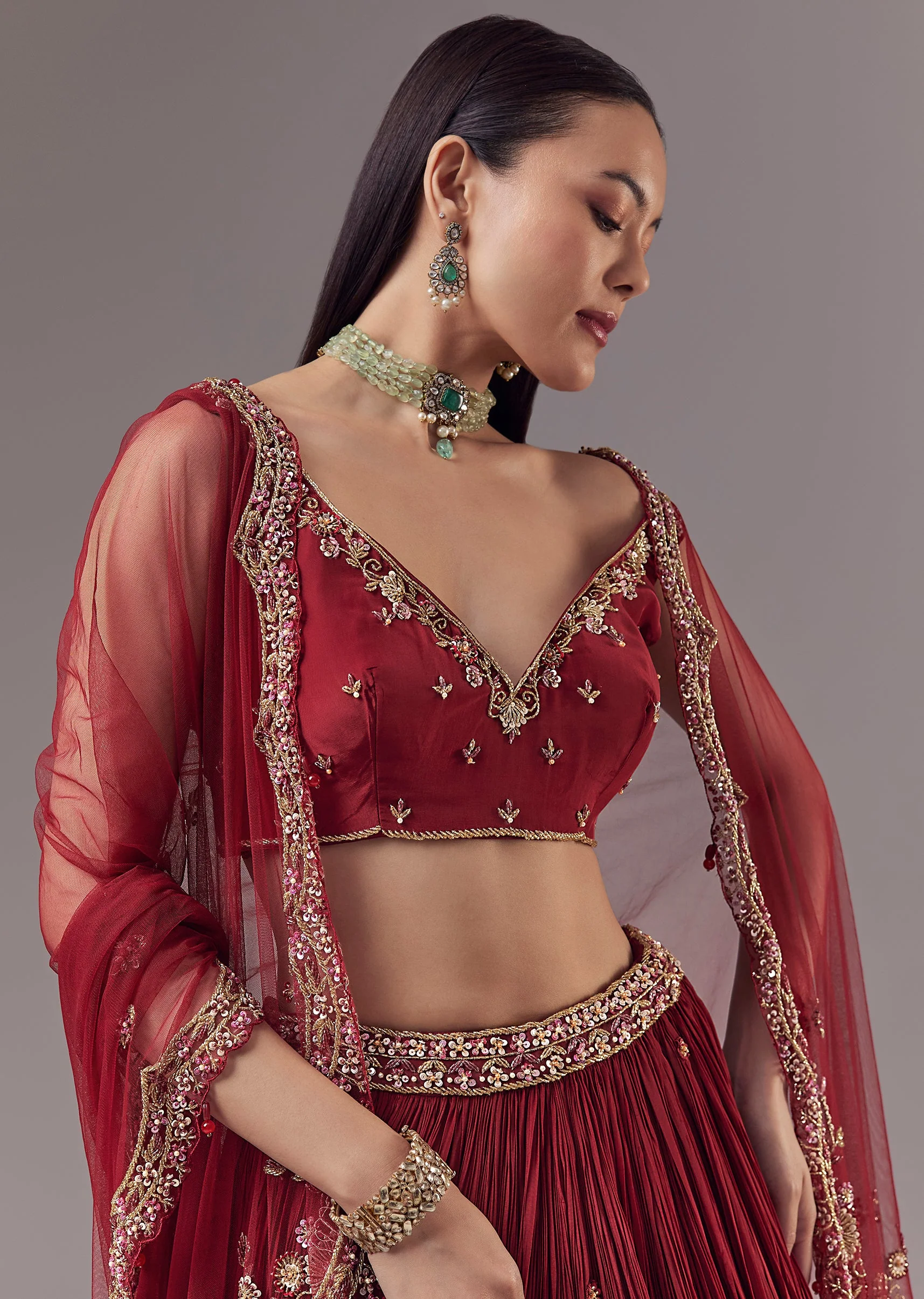 Maroon Bridesmaid Lehenga Set with Cutdana Work - Image 3