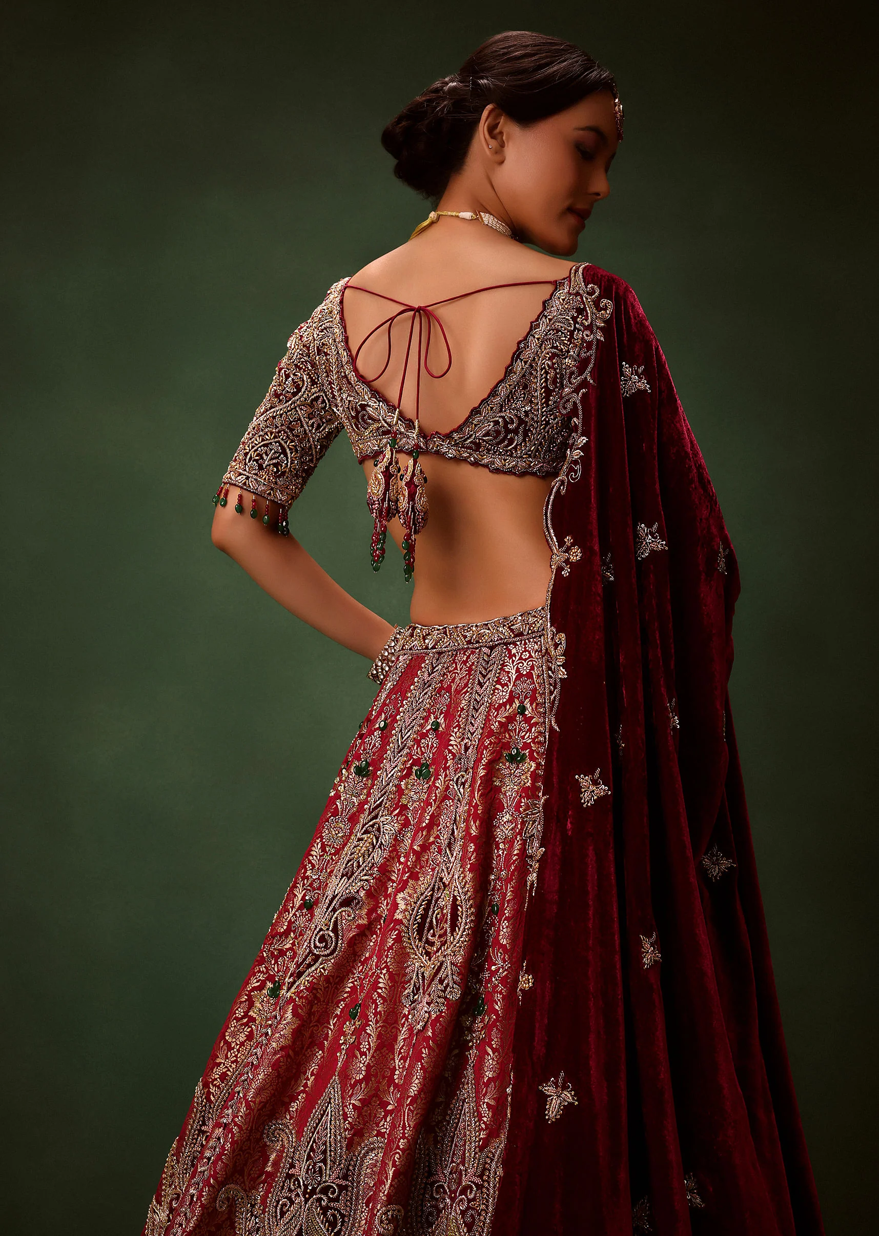 Maroon Brocade Lehenga Dupatta With Cross Body Blouse - Image 5