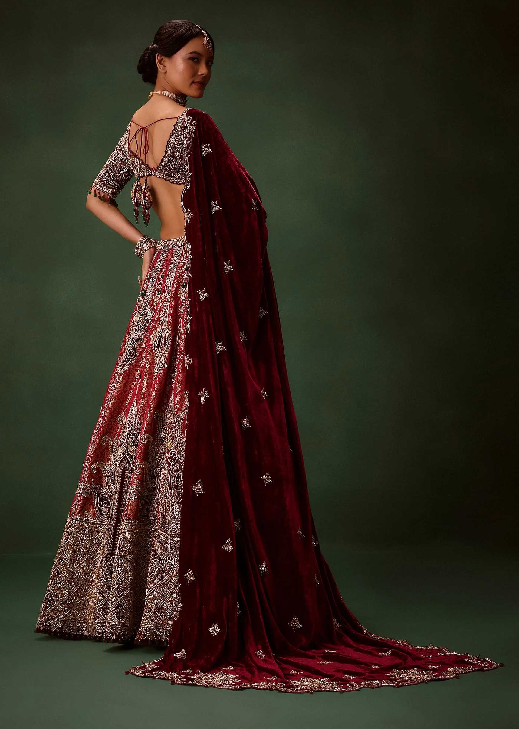 Maroon Brocade Lehenga Dupatta With Cross Body Blouse - Image 6