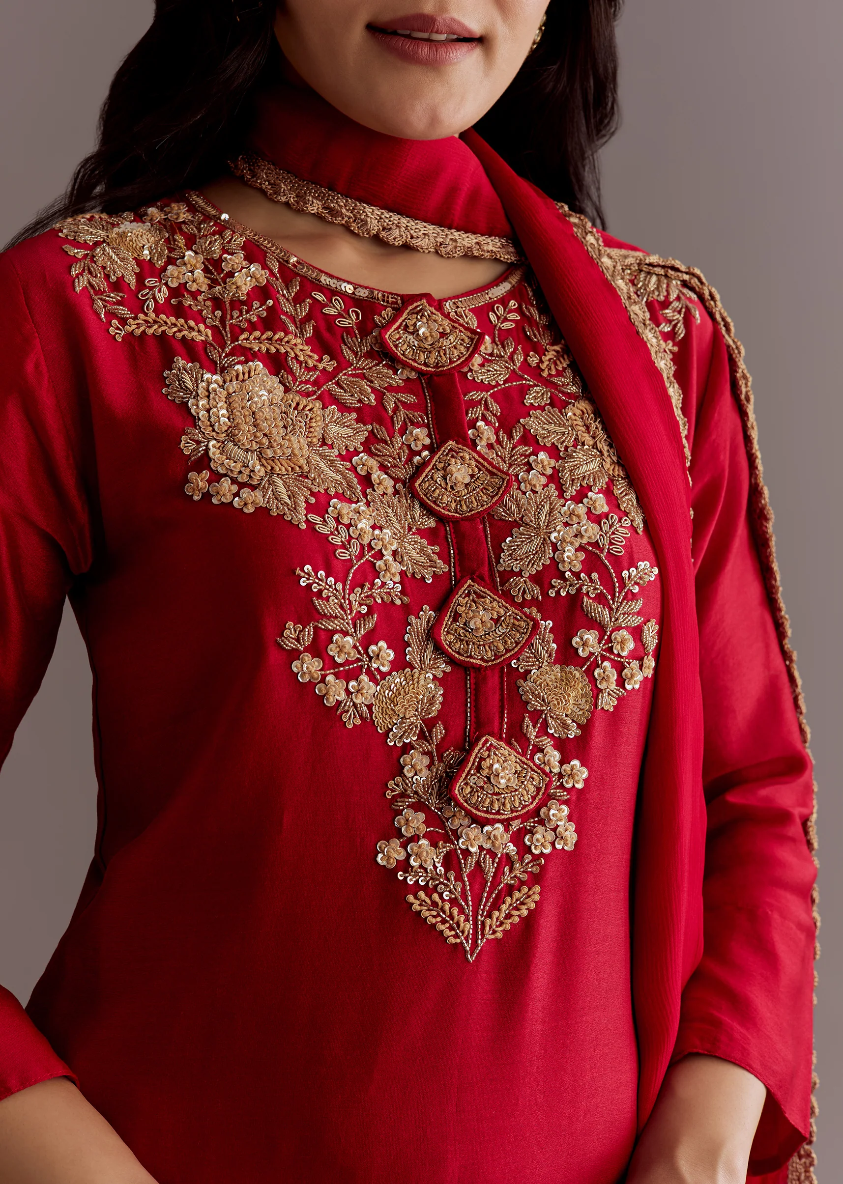 Maroon Chinon Sequin Gota Lace Kurta Skirt Set With Dupatta - Image 3