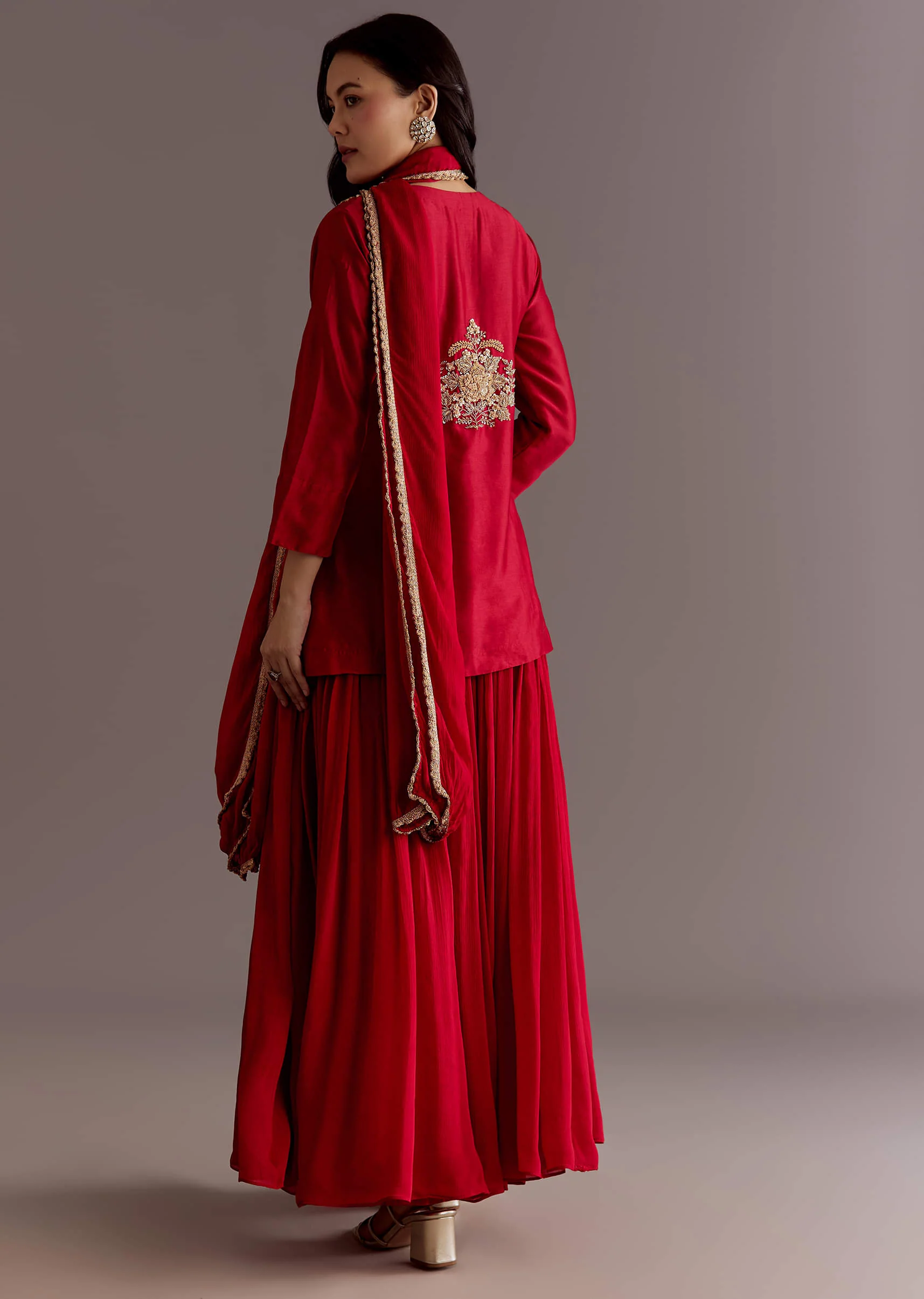 Maroon Chinon Sequin Gota Lace Kurta Skirt Set With Dupatta - Image 6