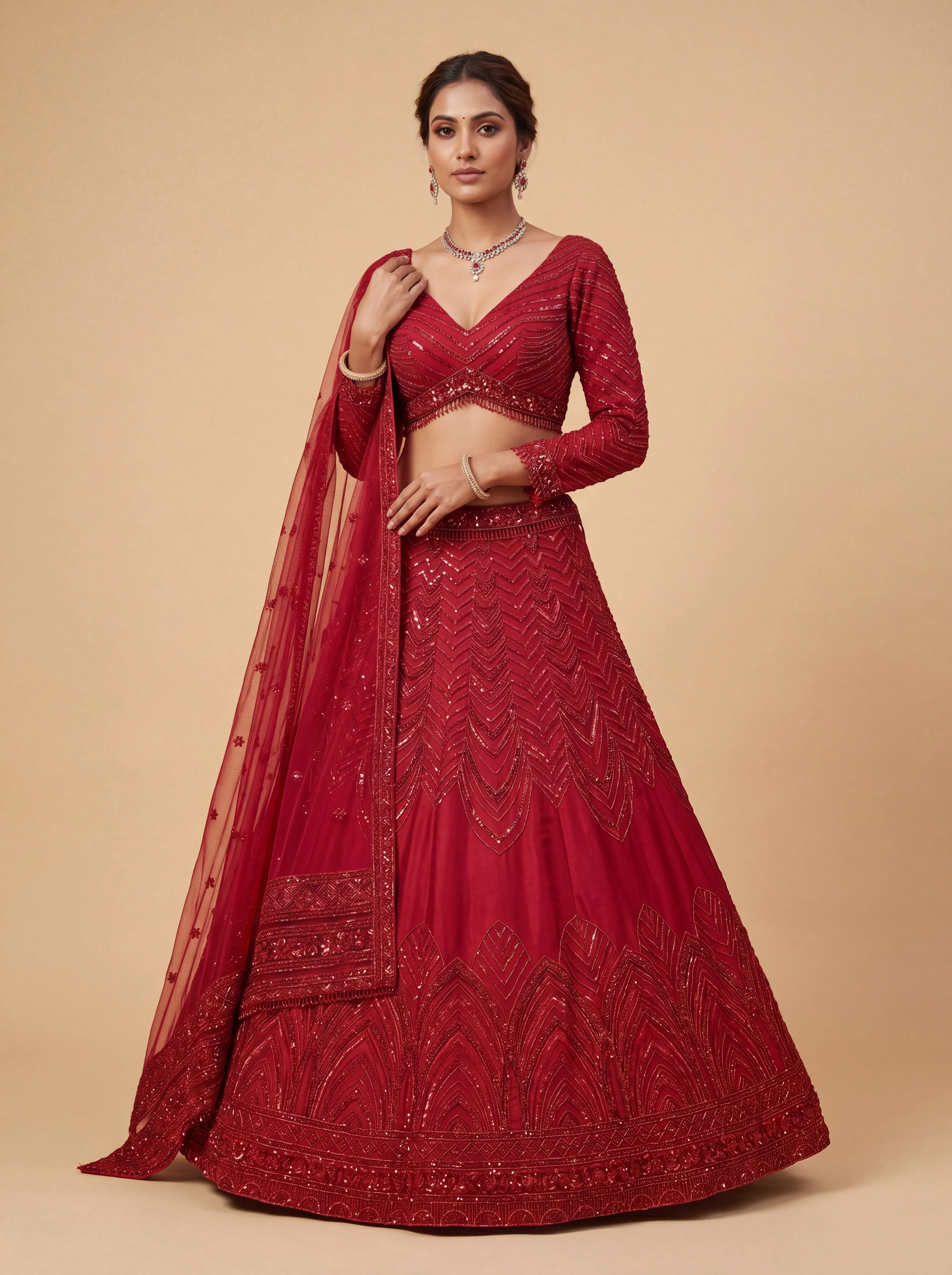 Maroon Contemporary Bridal Lehenga With Ombre Finish  Embroidered Flare