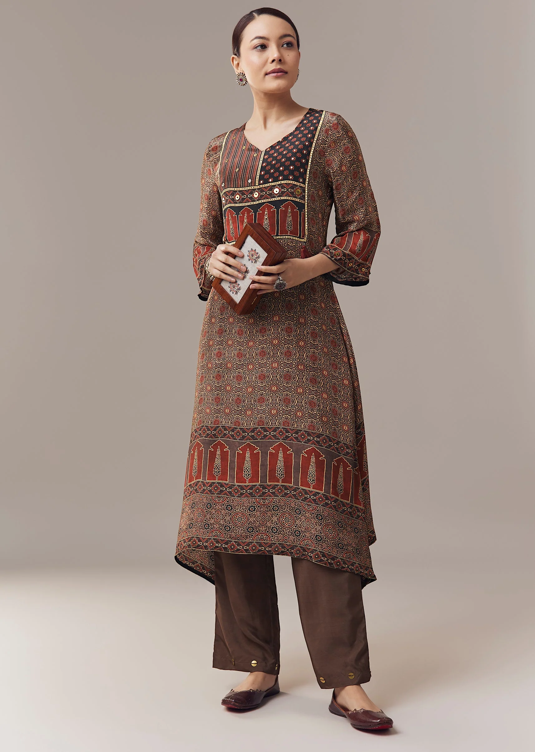 Maroon Coord Set In Ajrakh Print With Sequins Work - Image 3