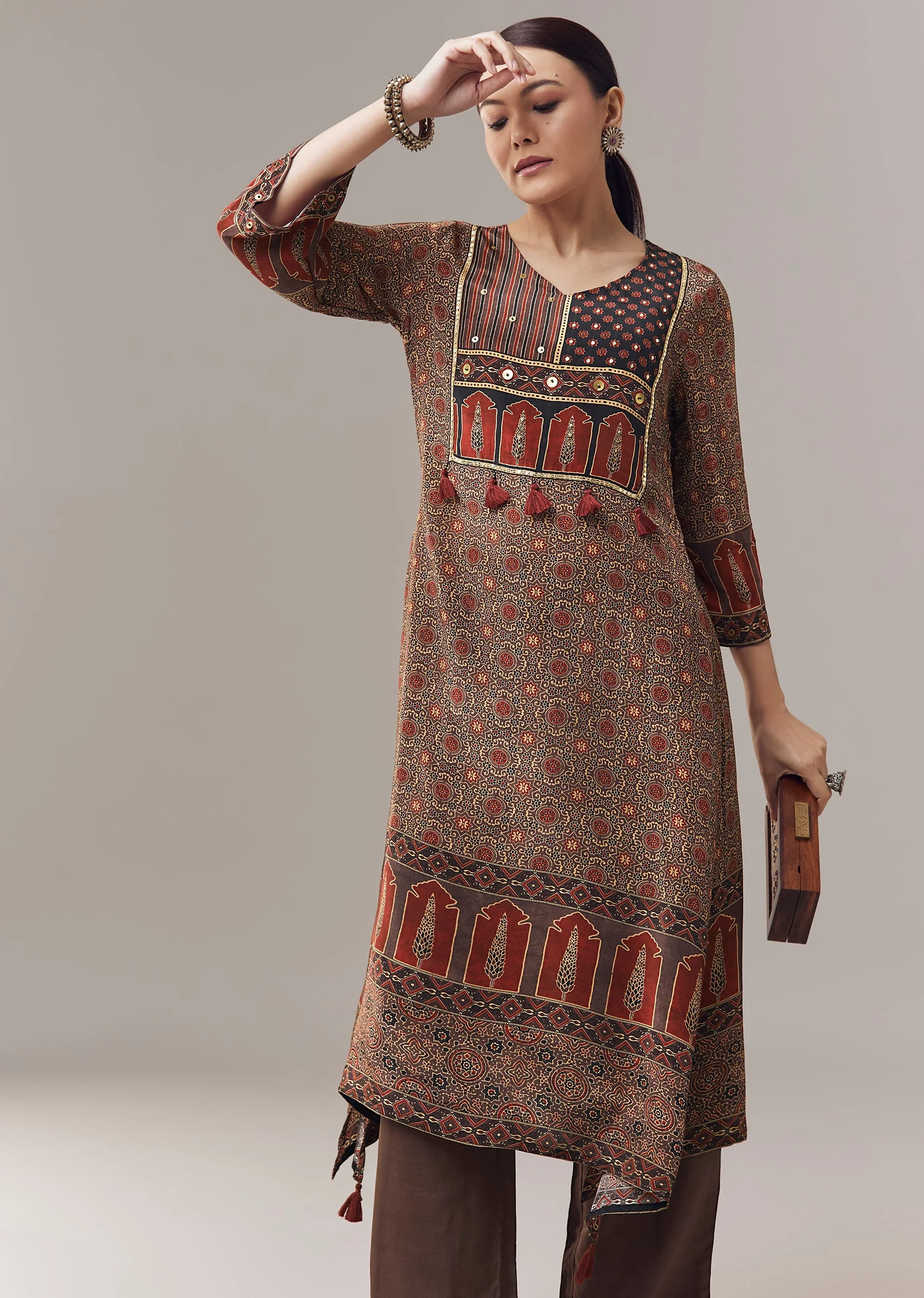 Maroon Coord Set In Ajrakh Print With Sequins Work - Image 4