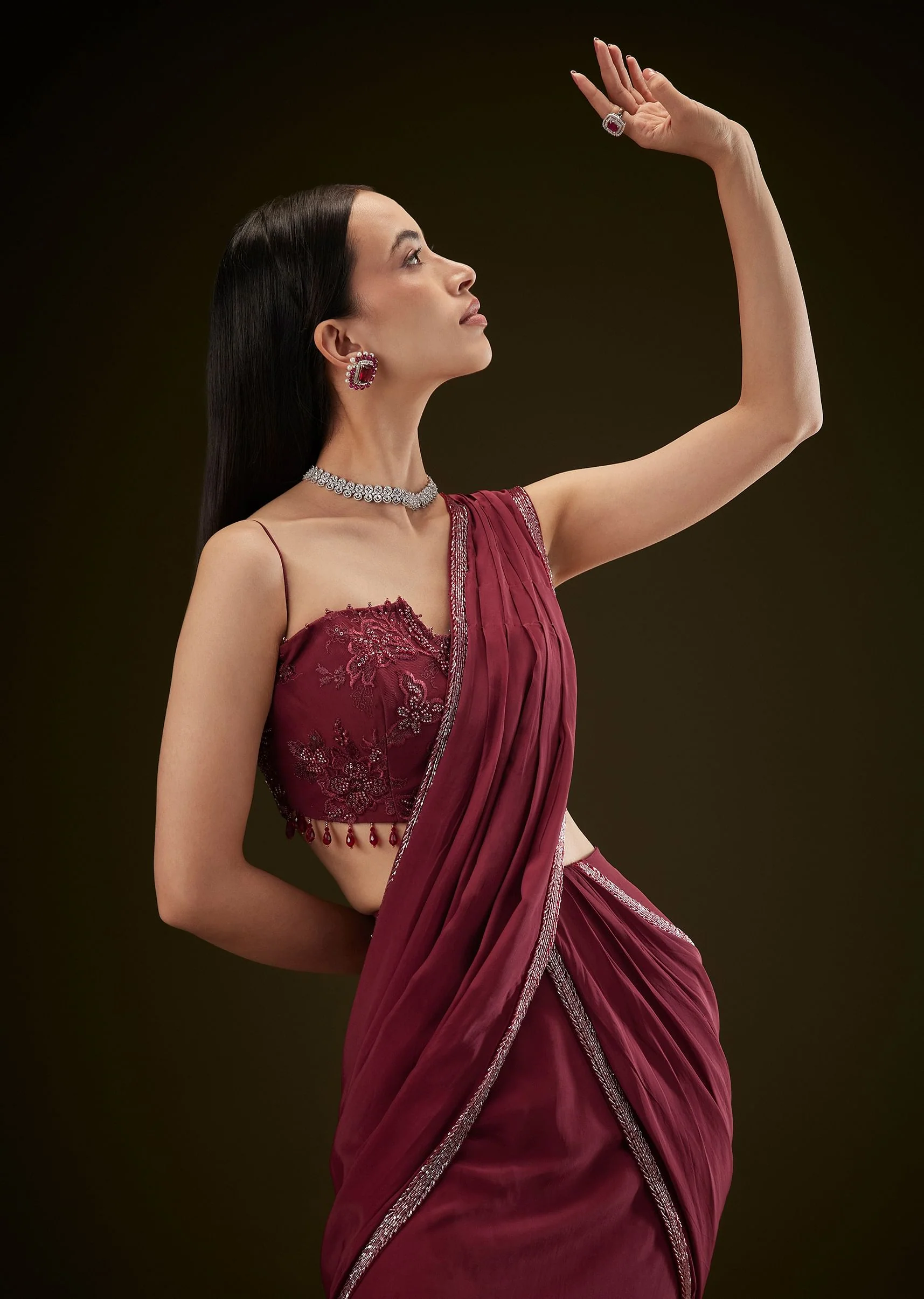 Maroon Corset Embroidered Blouse With Pre Stitched Draped Saree - Image 2