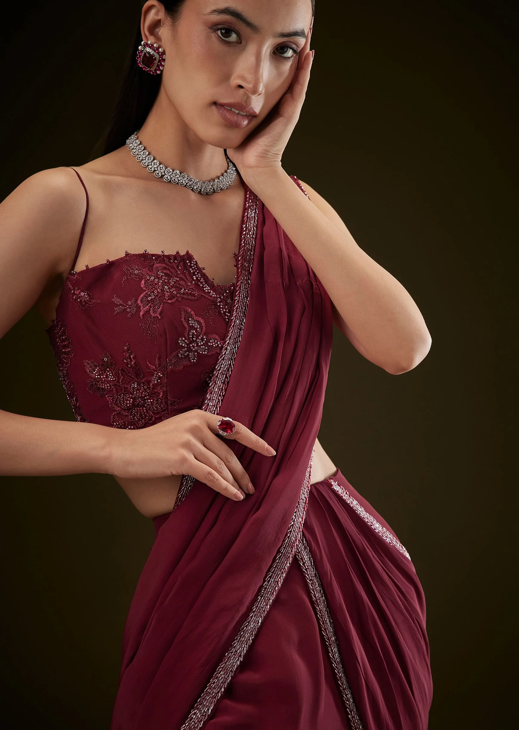 Maroon Corset Embroidered Blouse With Pre Stitched Draped Saree - Image 4
